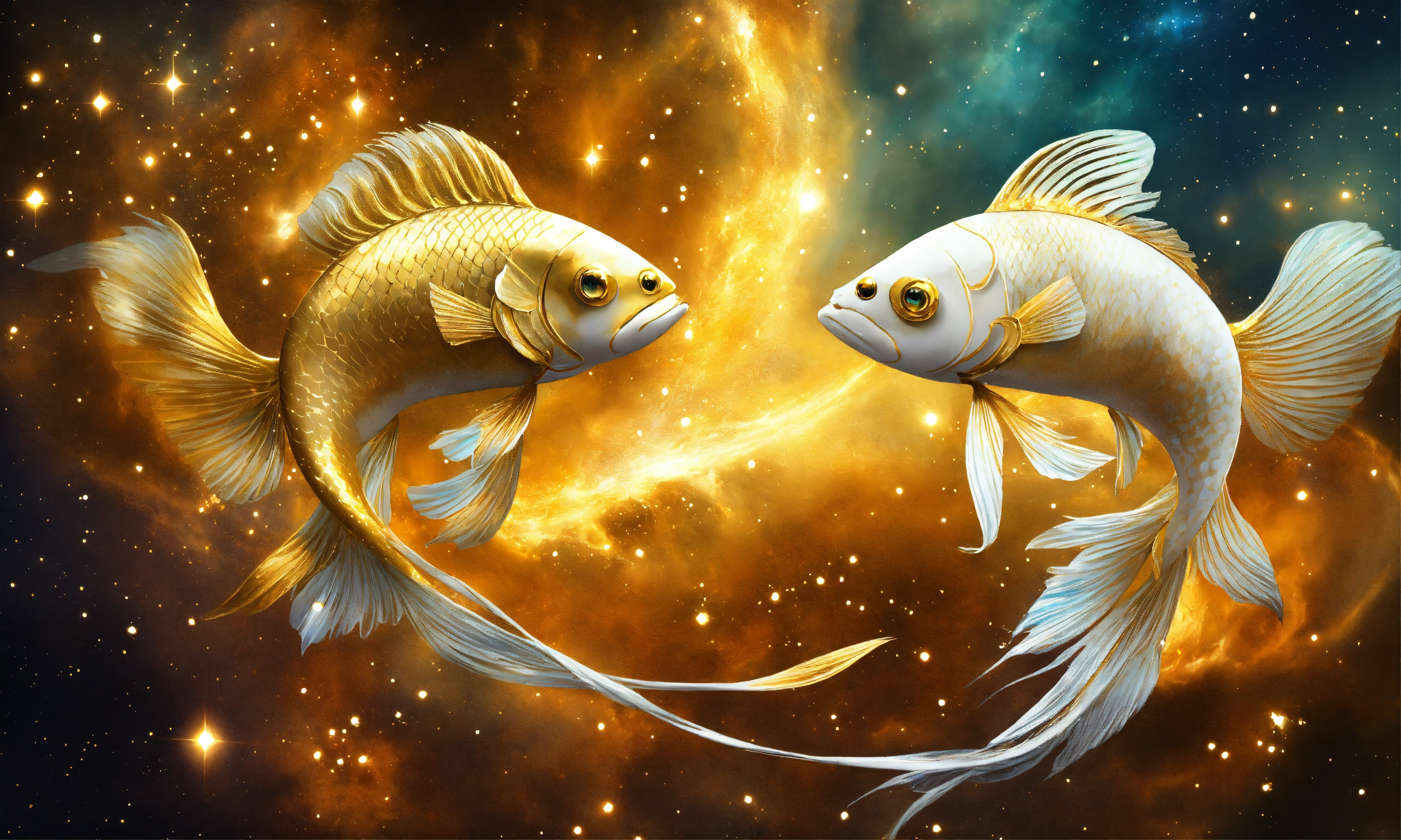 Lexica - Two gold and white mythical fish opposite each other, zodiac ...