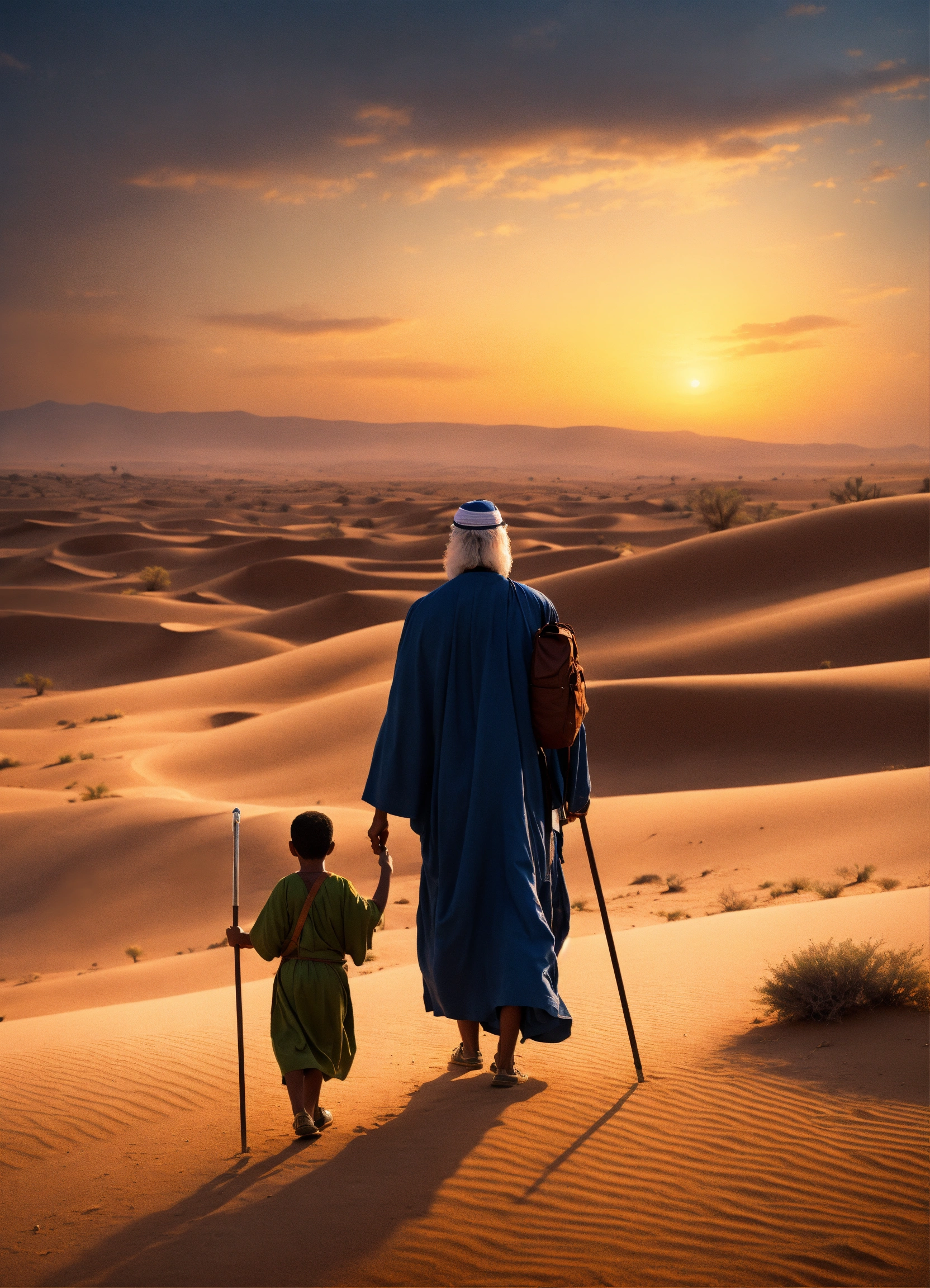 Lexica - View from the back of prophet Moses walking with young boy in ...