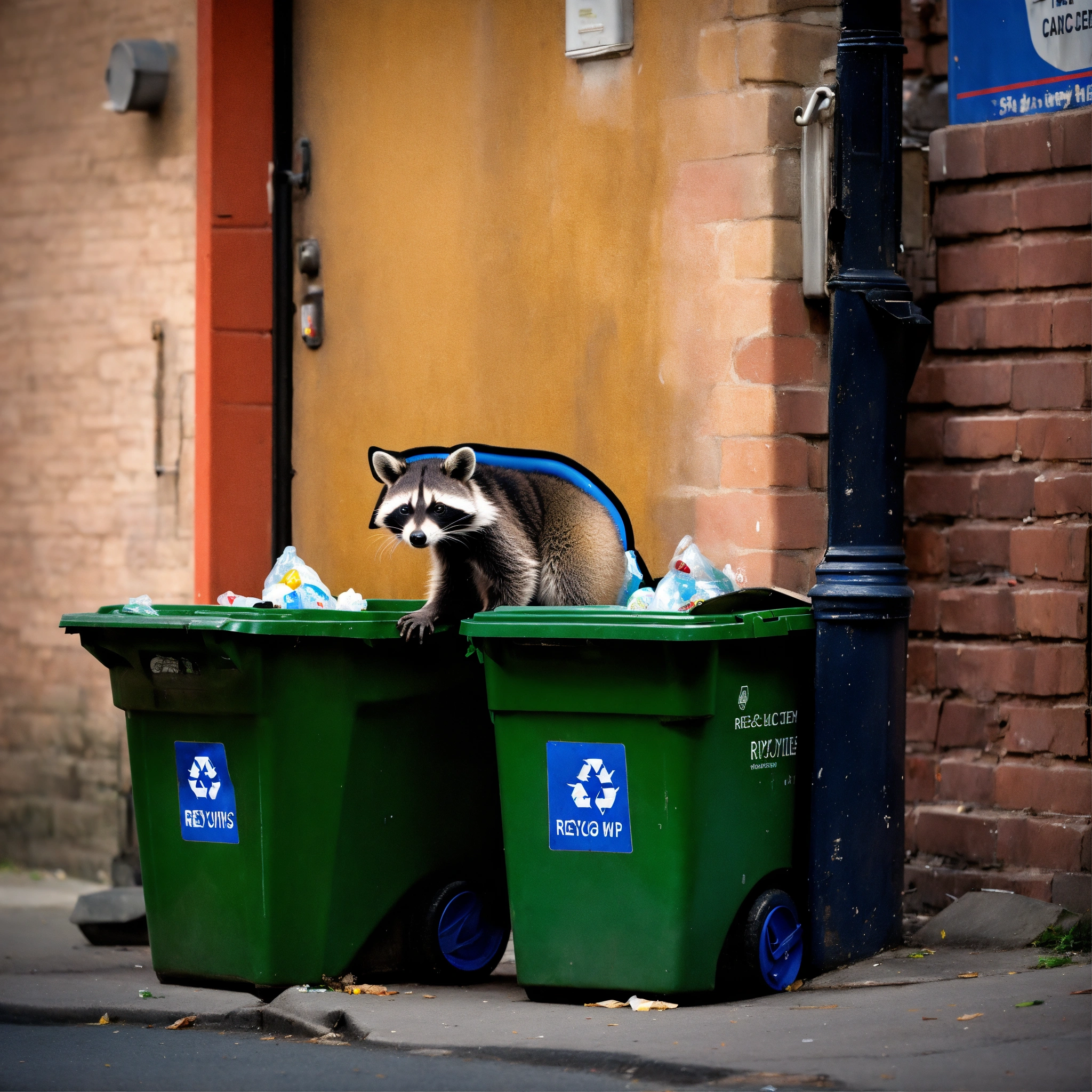 Lexica A photograph of a raccoon digging through recycling bins on a
