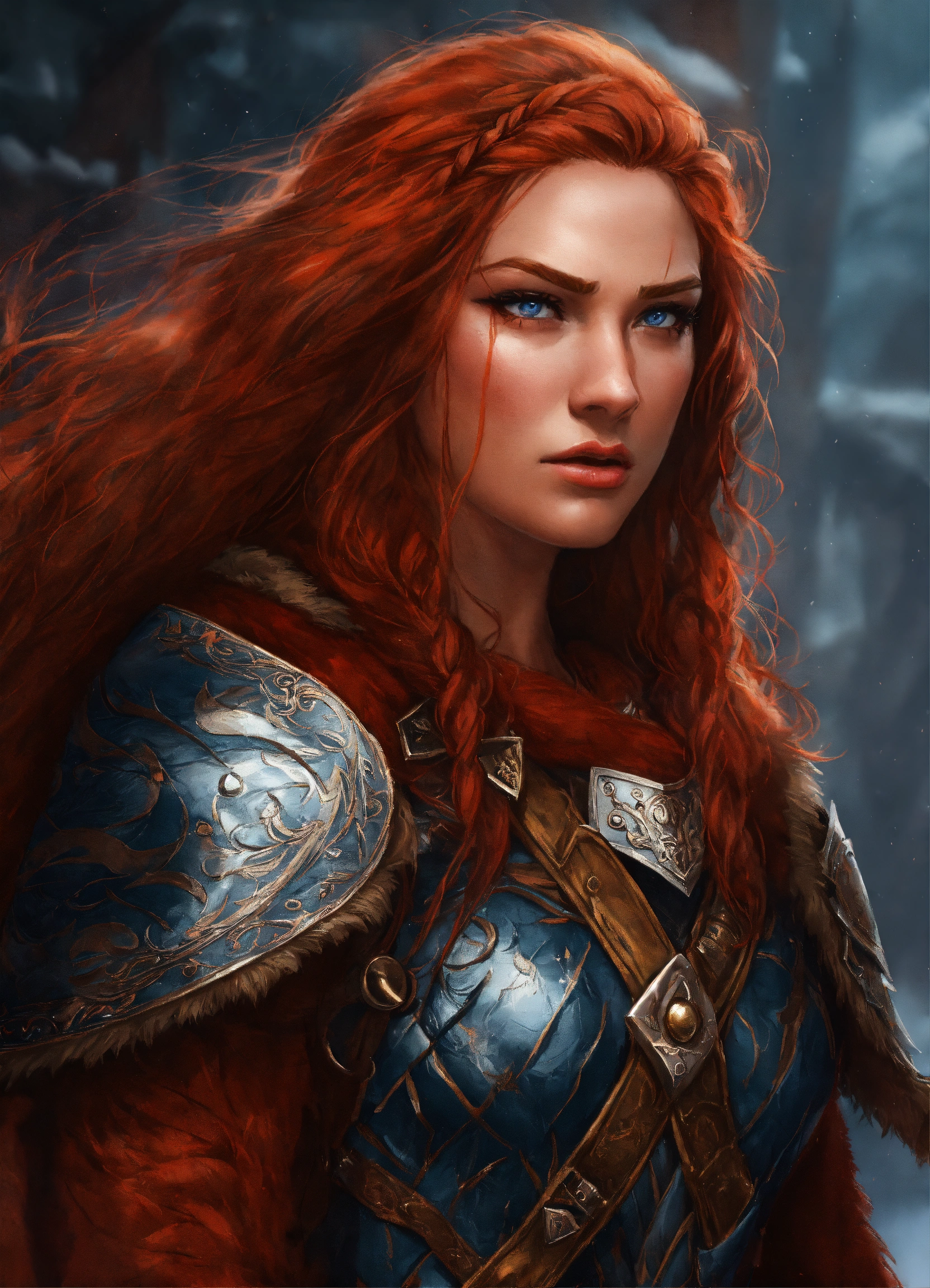 Lexica - A close up of an red haired female wearing wolf pelt shoulder ...