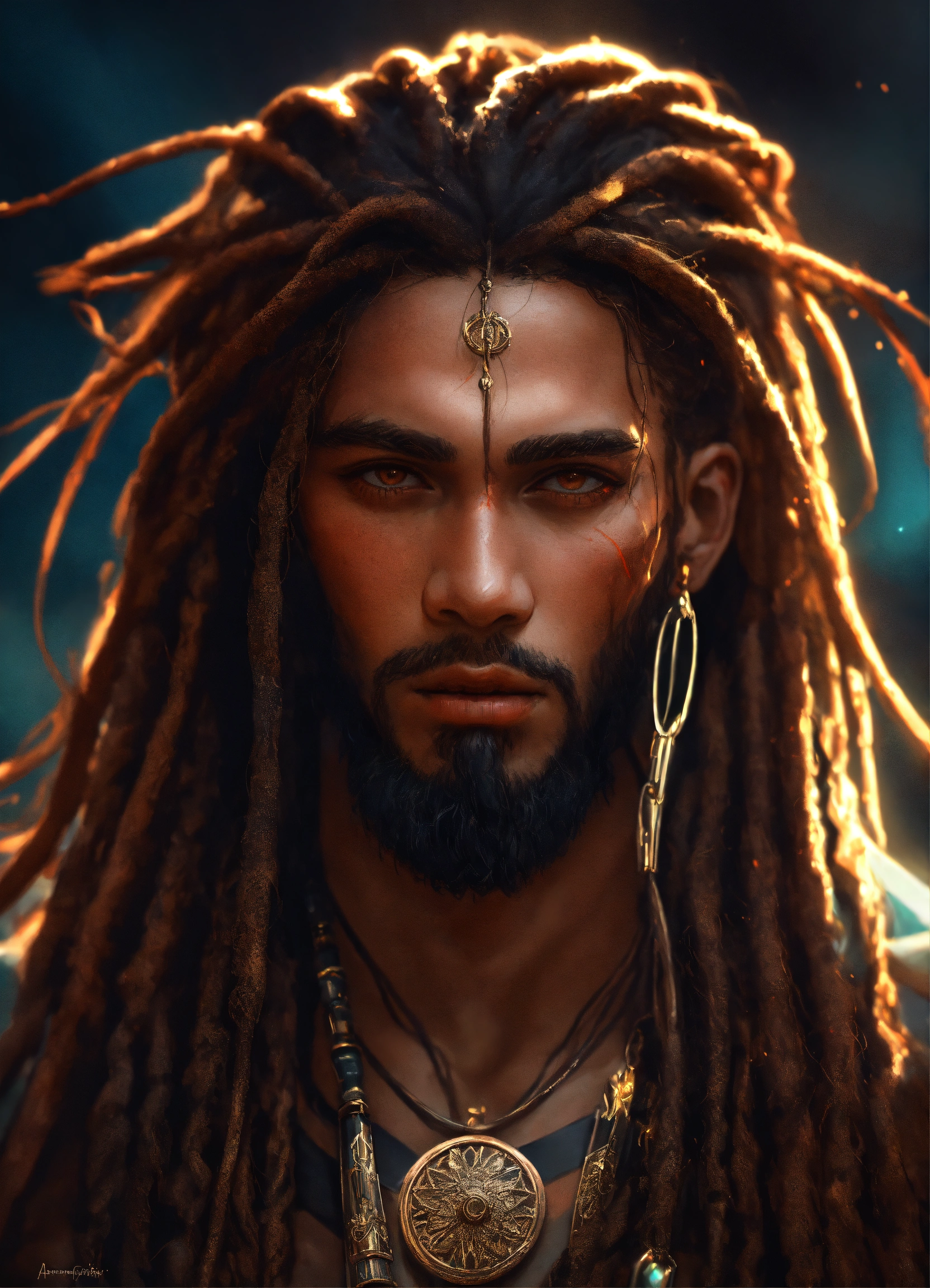 Lexica - Portrait of a dark god, man, with long flowing dreadlocks ...