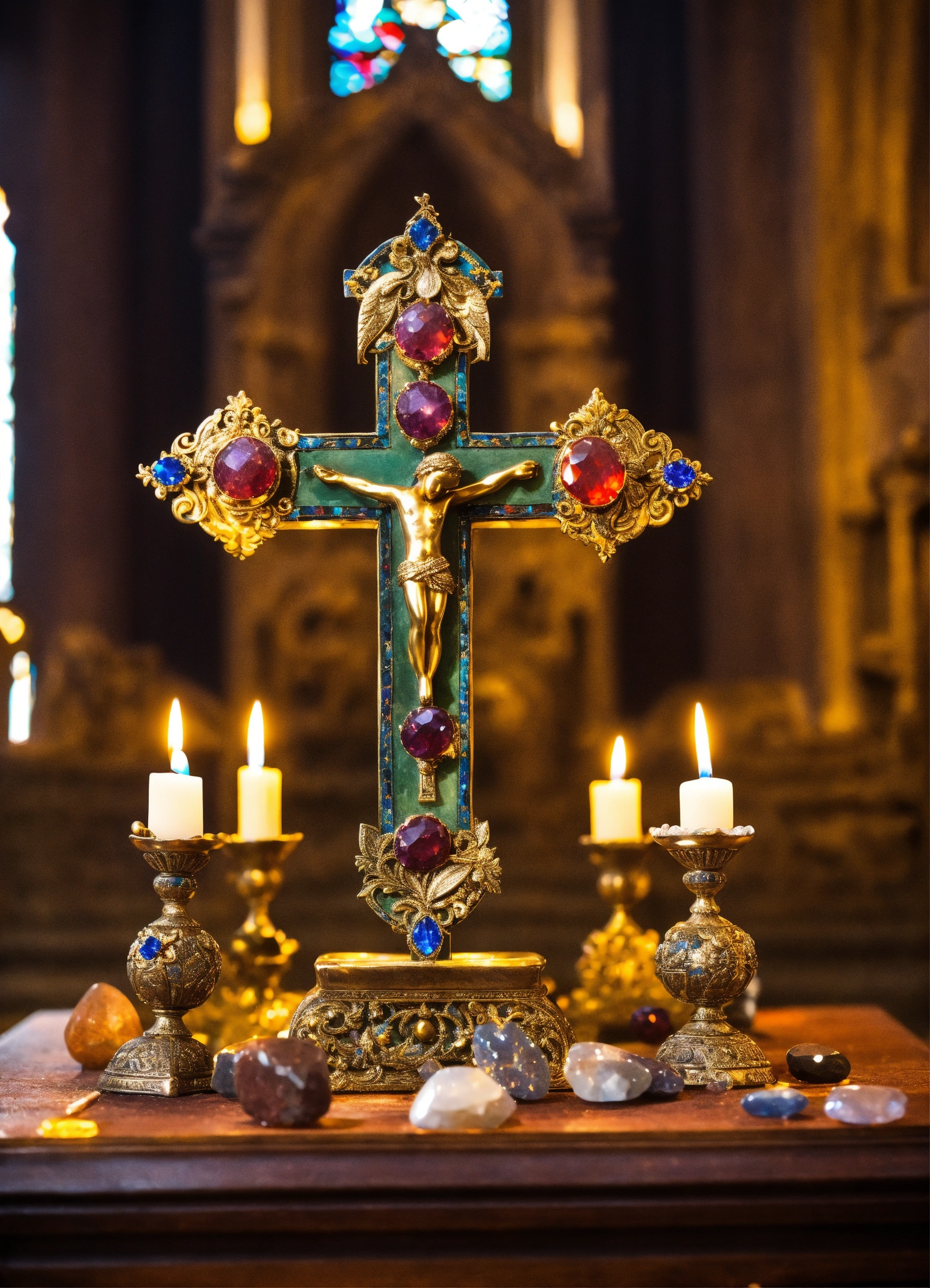 Lexica - An ancient cross with precious stones on an altar