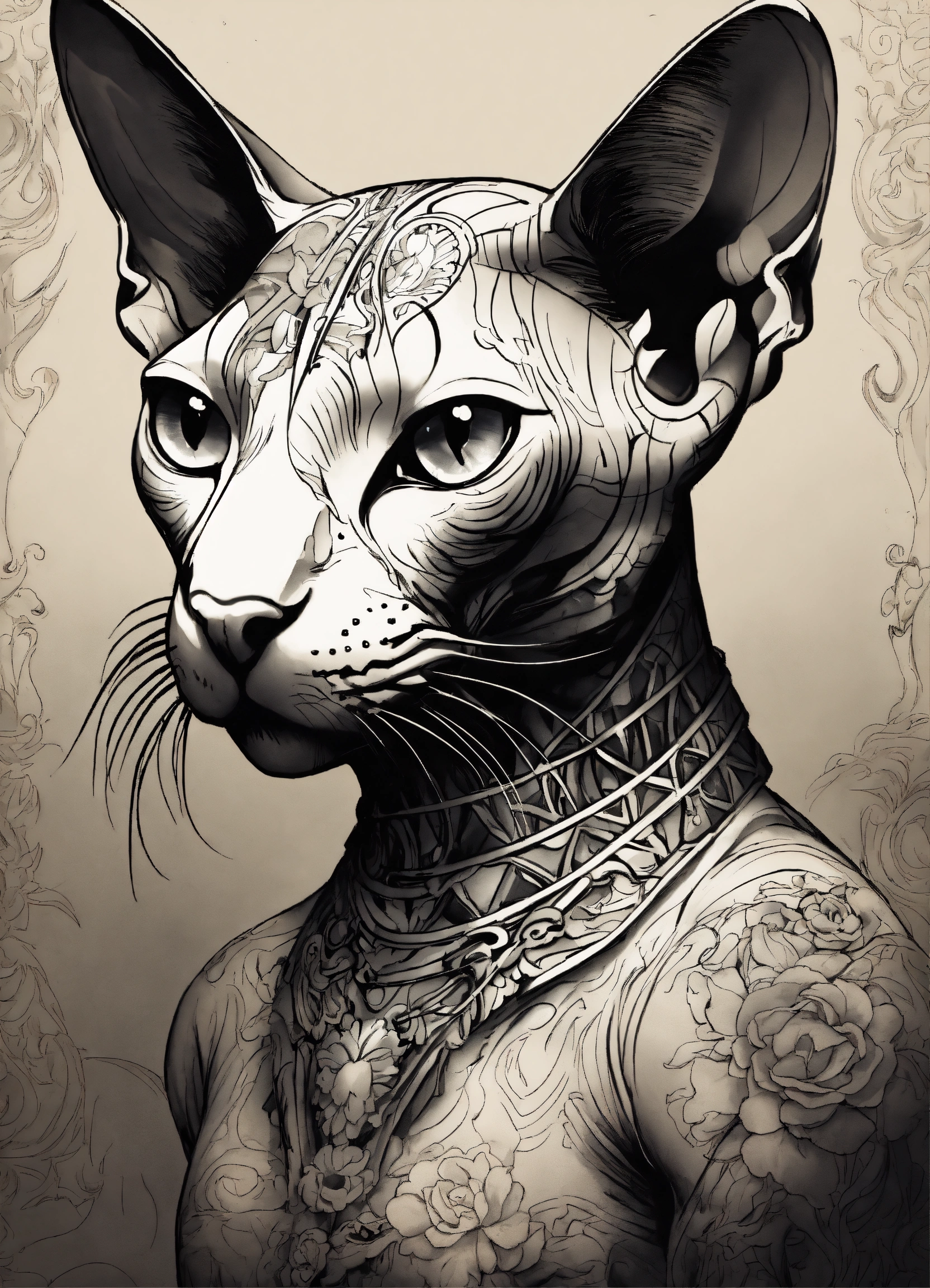 Lexica - Tattoo graphic style, black and white, sphynx cat with a mean ...