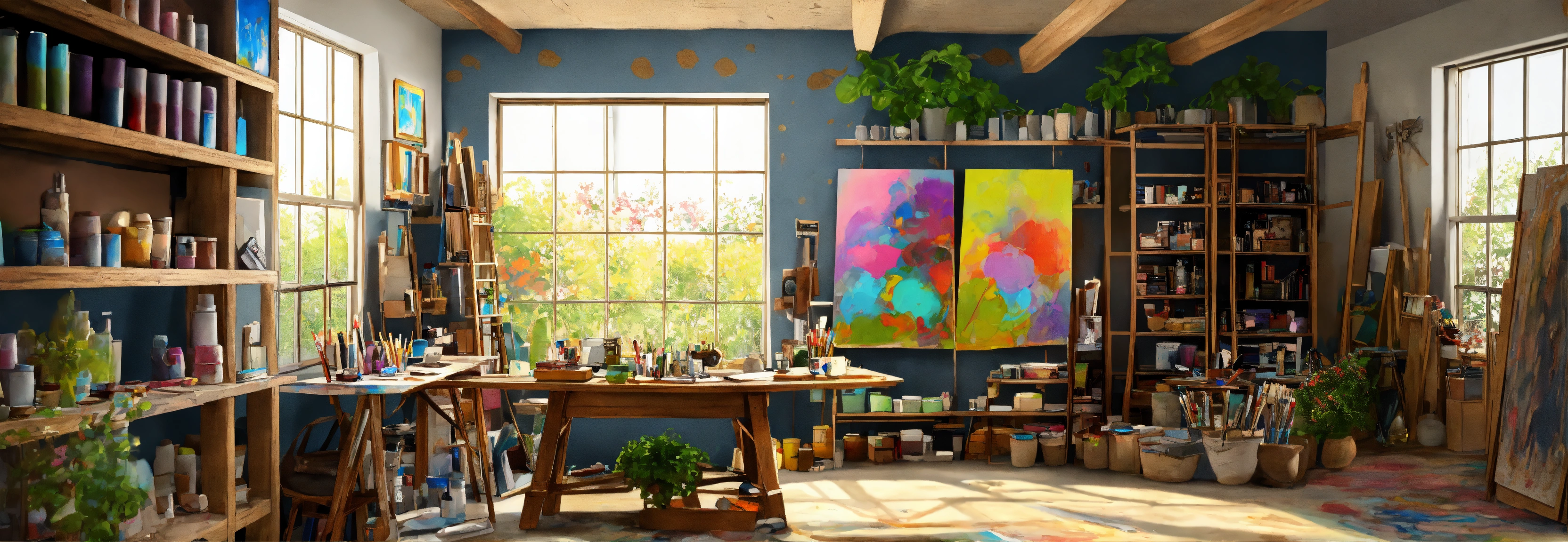 Lexica - Concept art of an art studio, paintings on a canvas, stacked ...
