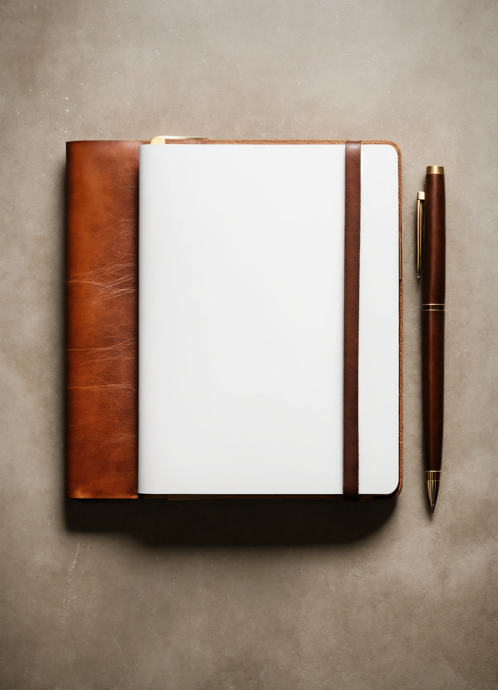 Lexica - Leather notebook with pen lying on a white table, top view ...