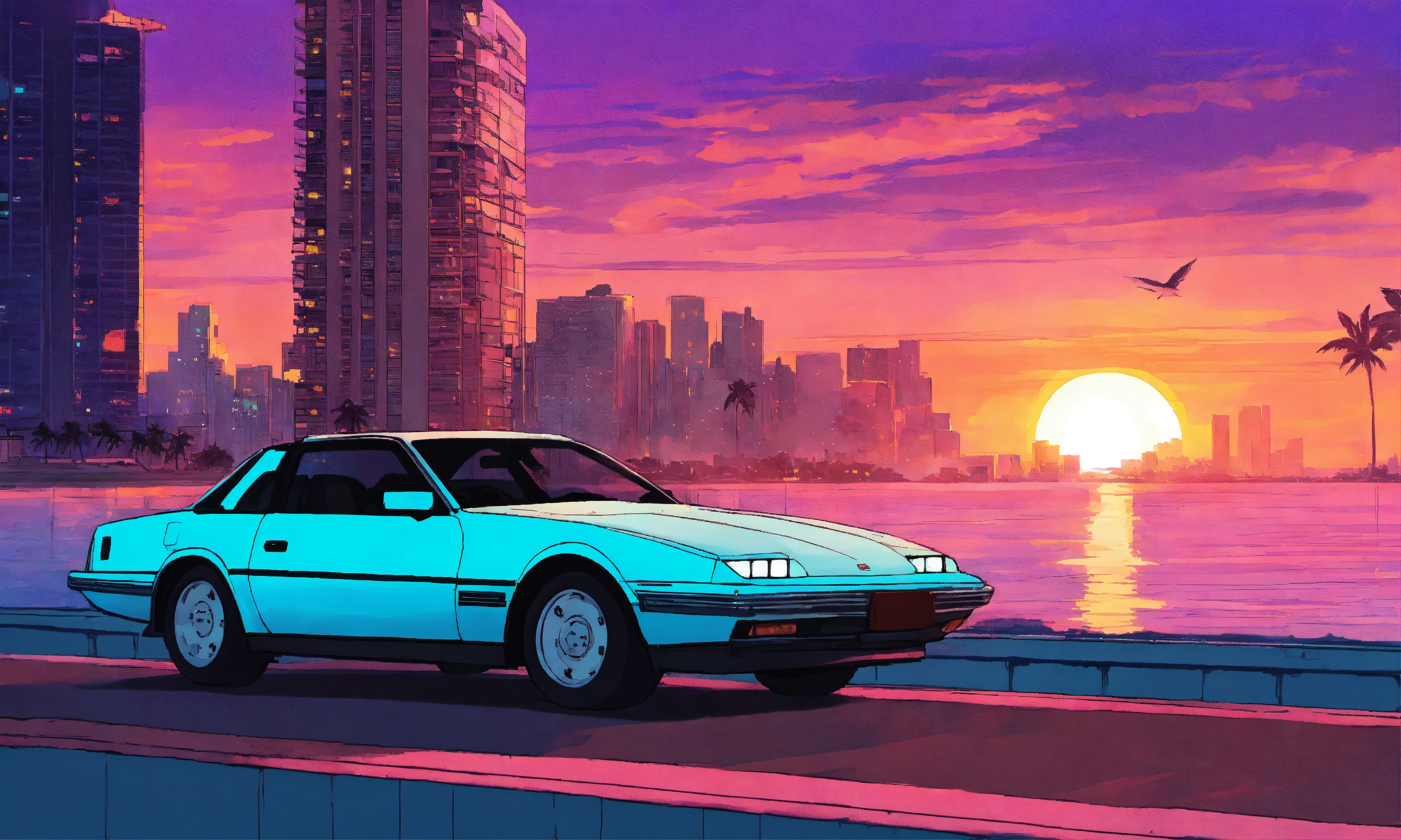 Lexica - Anime miami vice, lofi artwork, sunset skyline, 2d, studio ghibli