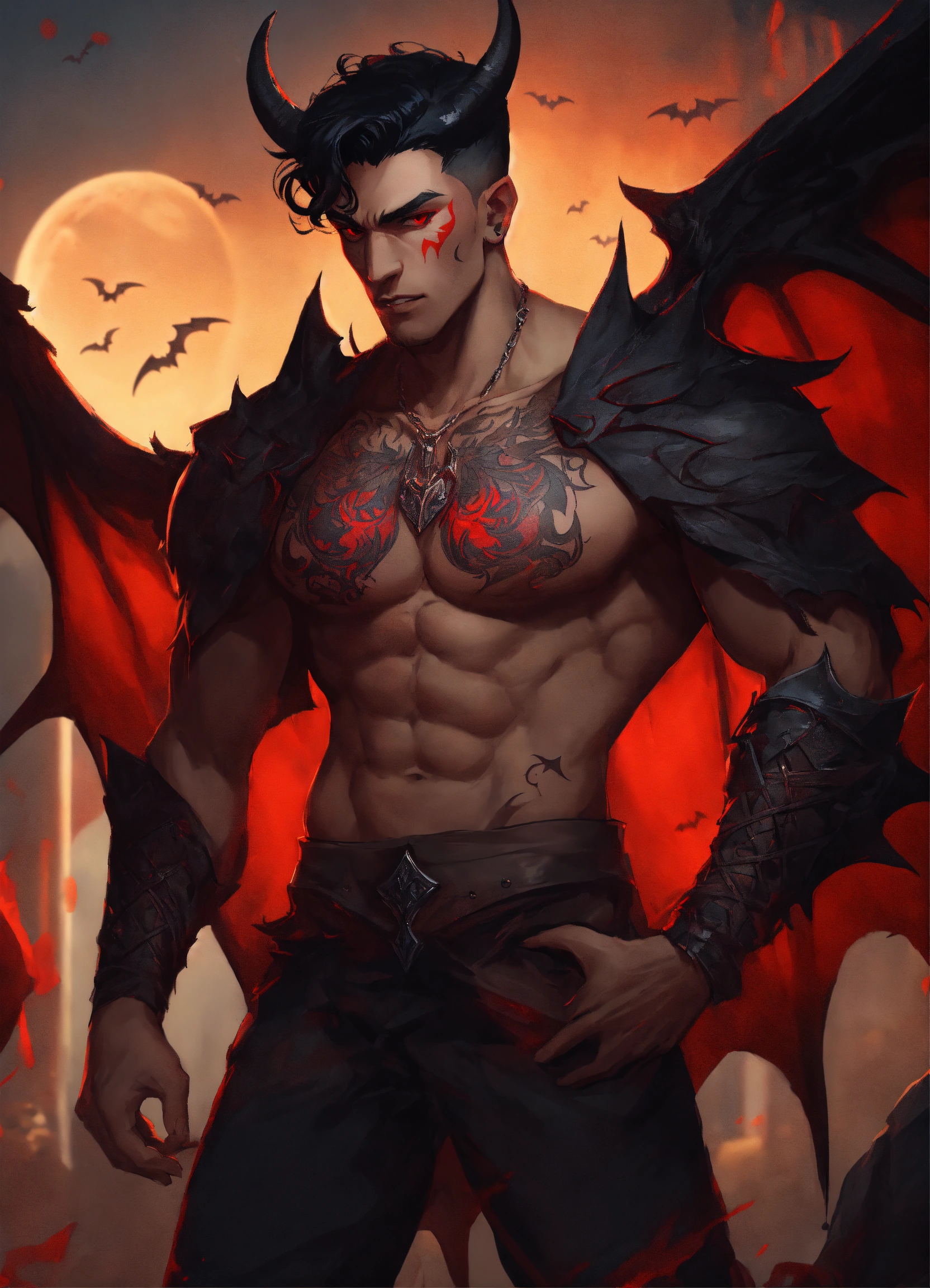 Lexica - A handsome demon man with broad shoulders, tan skin, huge bat ...