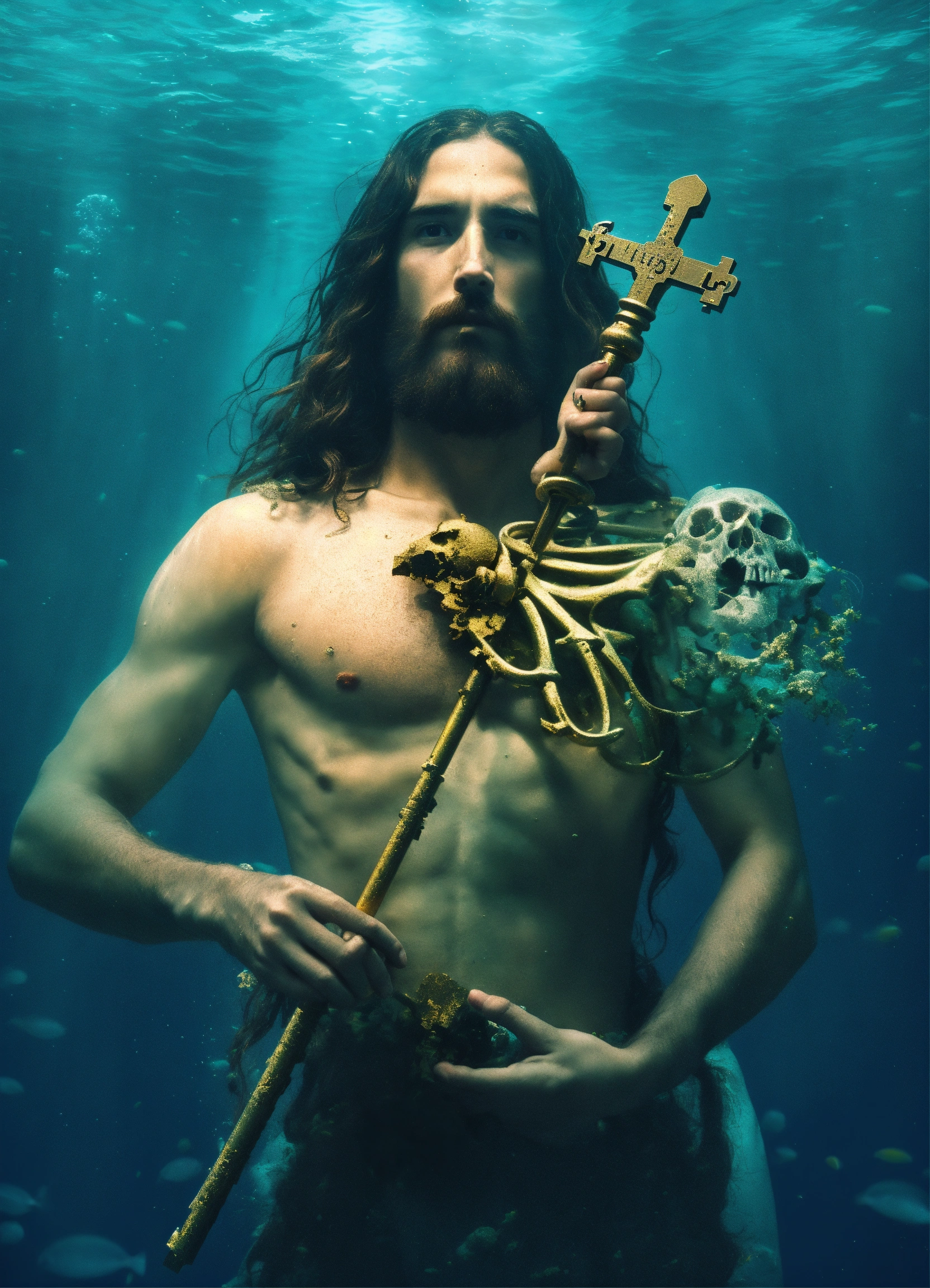 Lexica - Jesus christ underwater holding a skeleton key