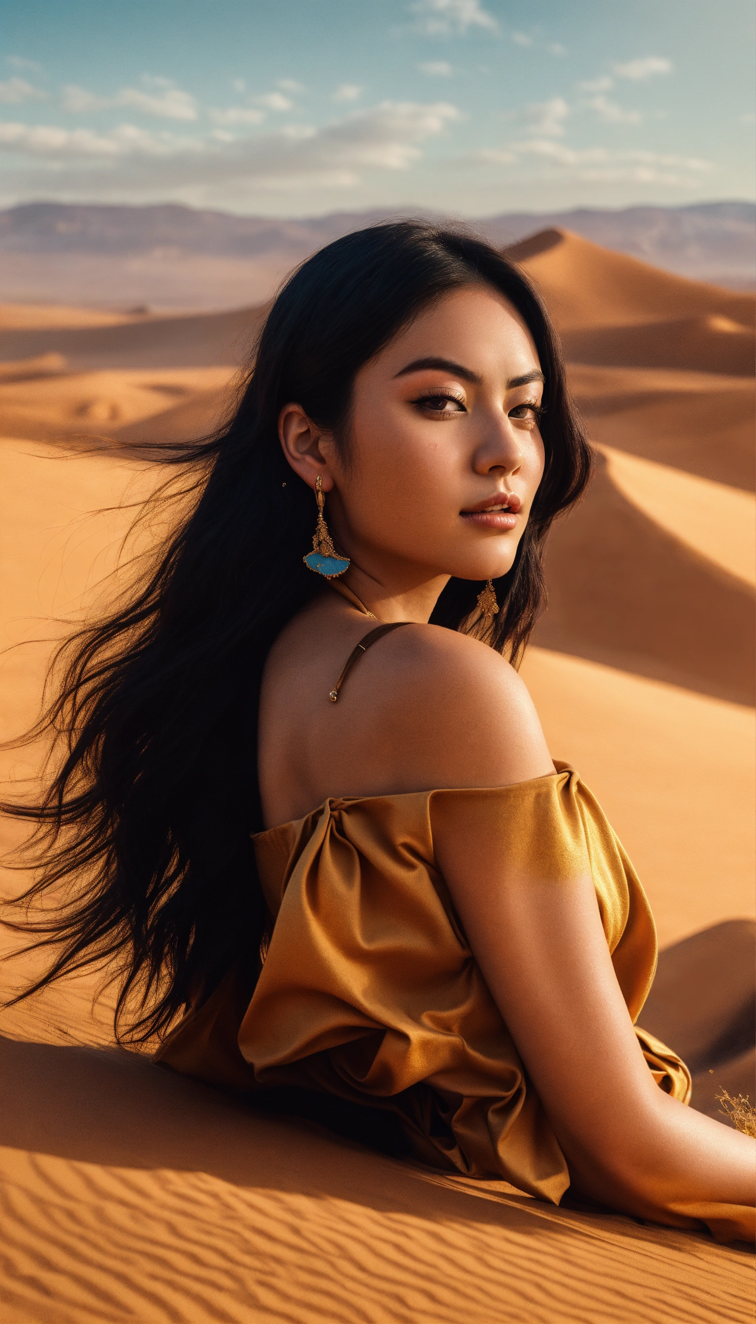 Lexica - Close up a woman sitting on top of a desert, an album cover,  inspired by Tang Di, highly realistic. live cam, sakimi chan, female camila  men...