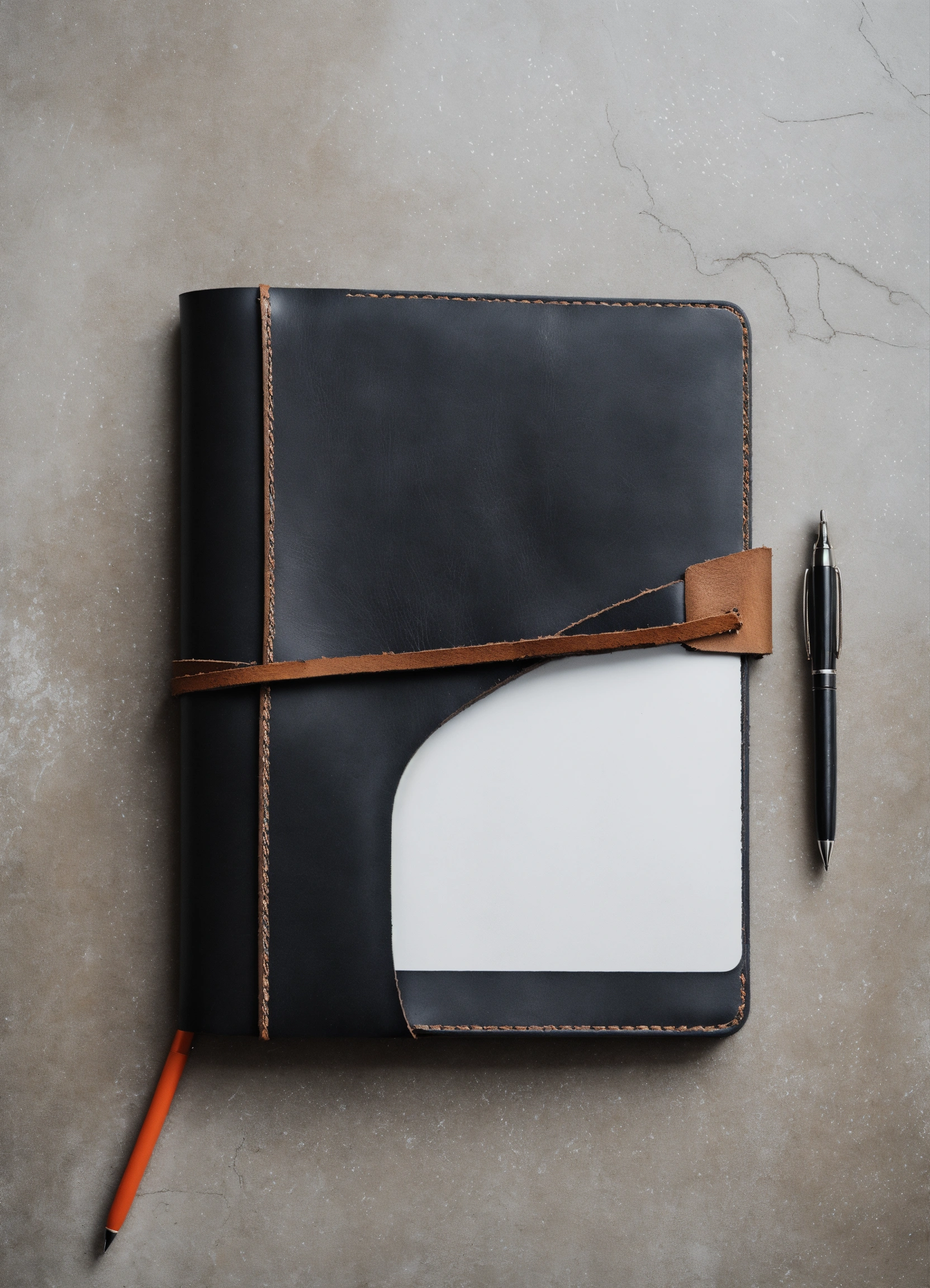 Lexica - Leather notebook with pen lying on a white table, top view ...