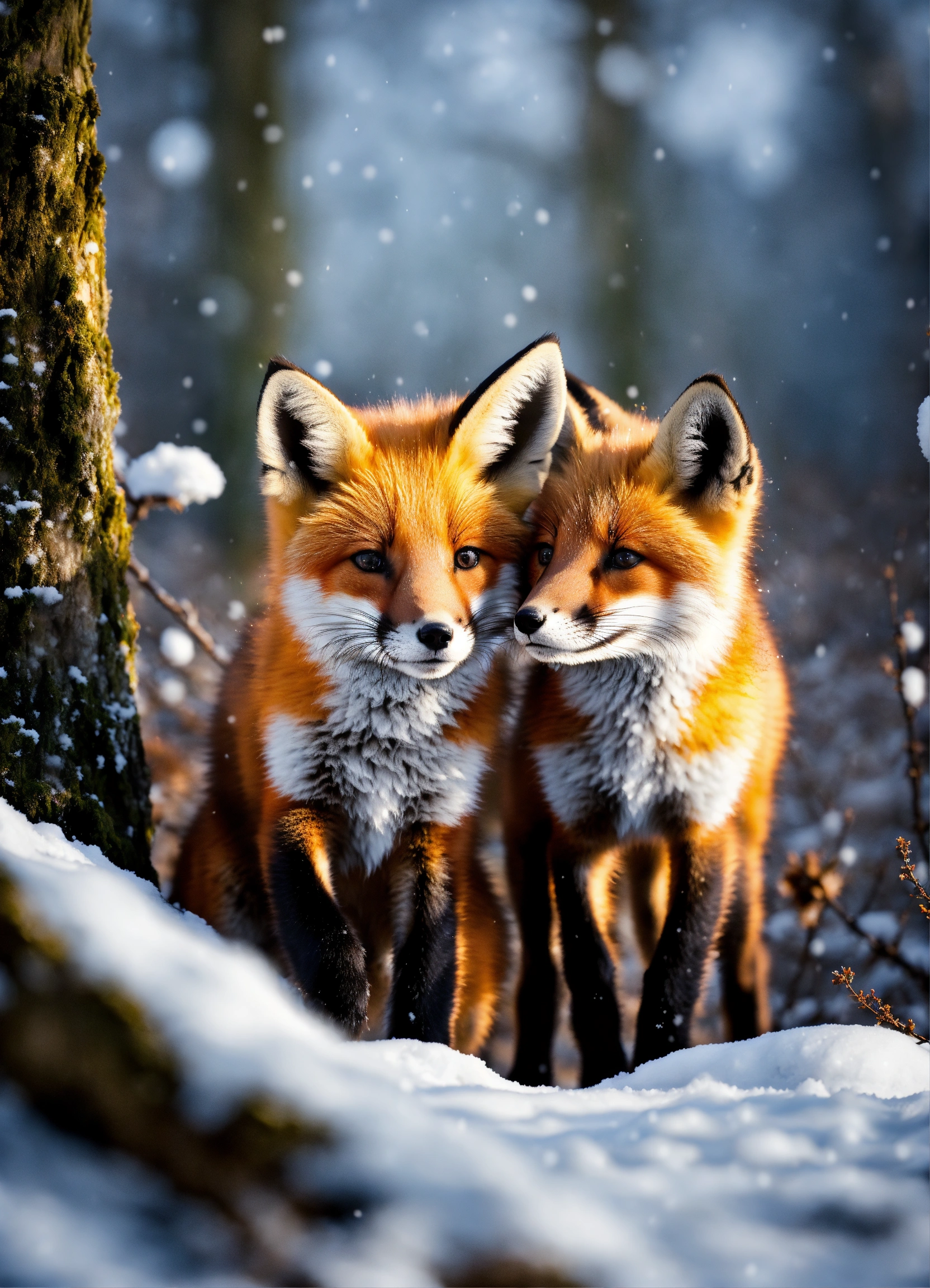 Lexica - Beautiful fox cubs playing in the snow in the moon light in a ...