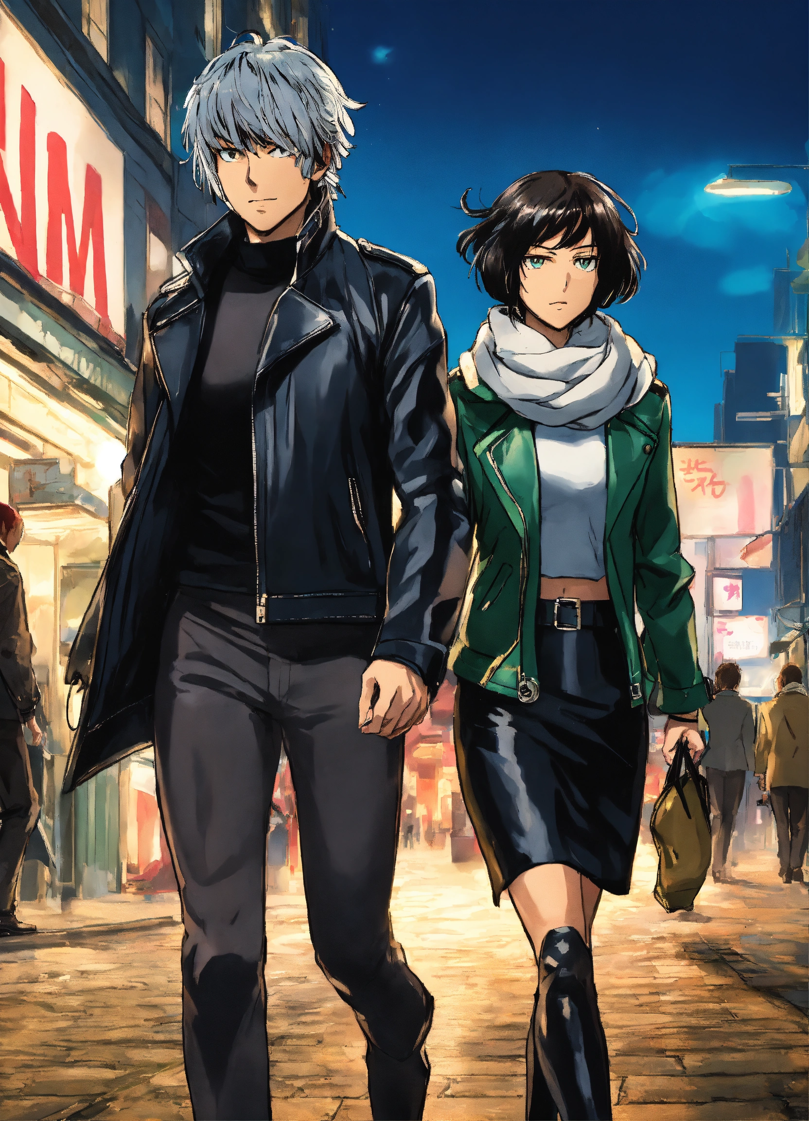 Lexica - Fubuki from one punch man, wearing a black leather jacket, scarf,  leather skirt, walking hand in hand with Emmanuel macron