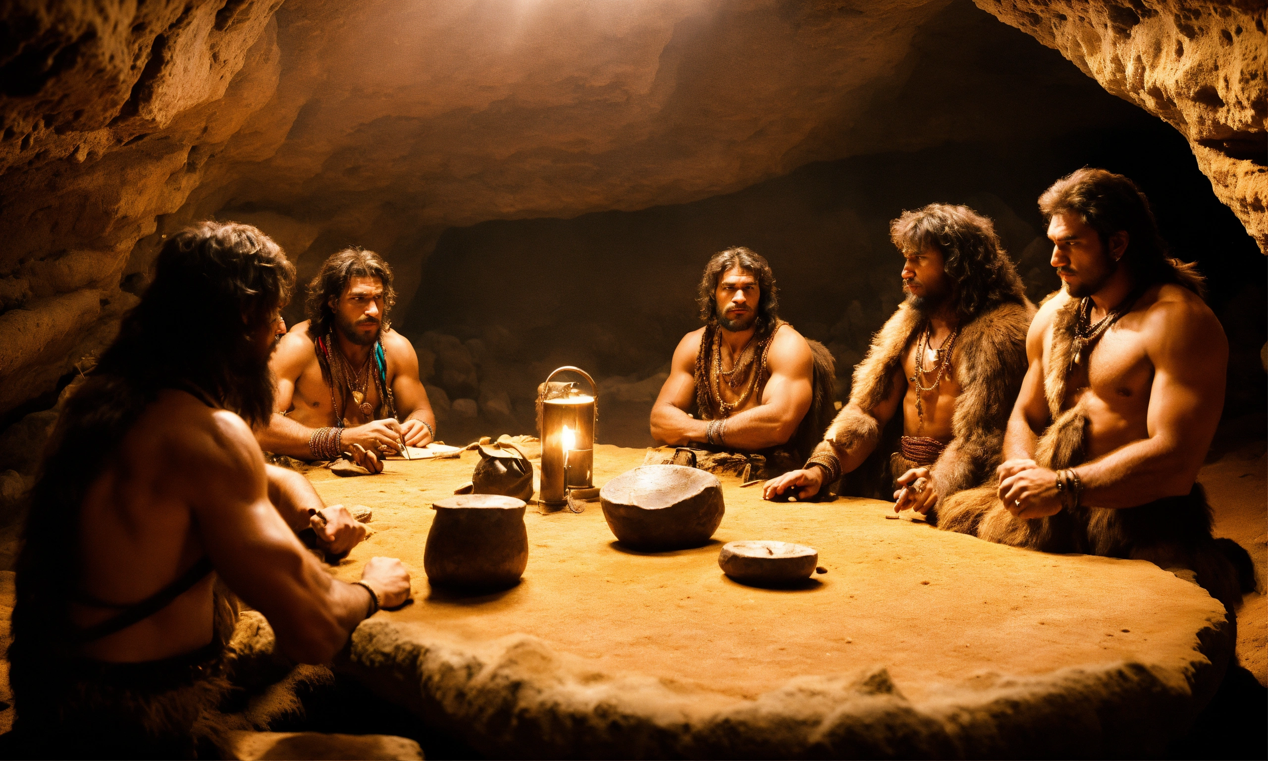 Lexica - Cavemen are well dressed and have a meeting around a large ...