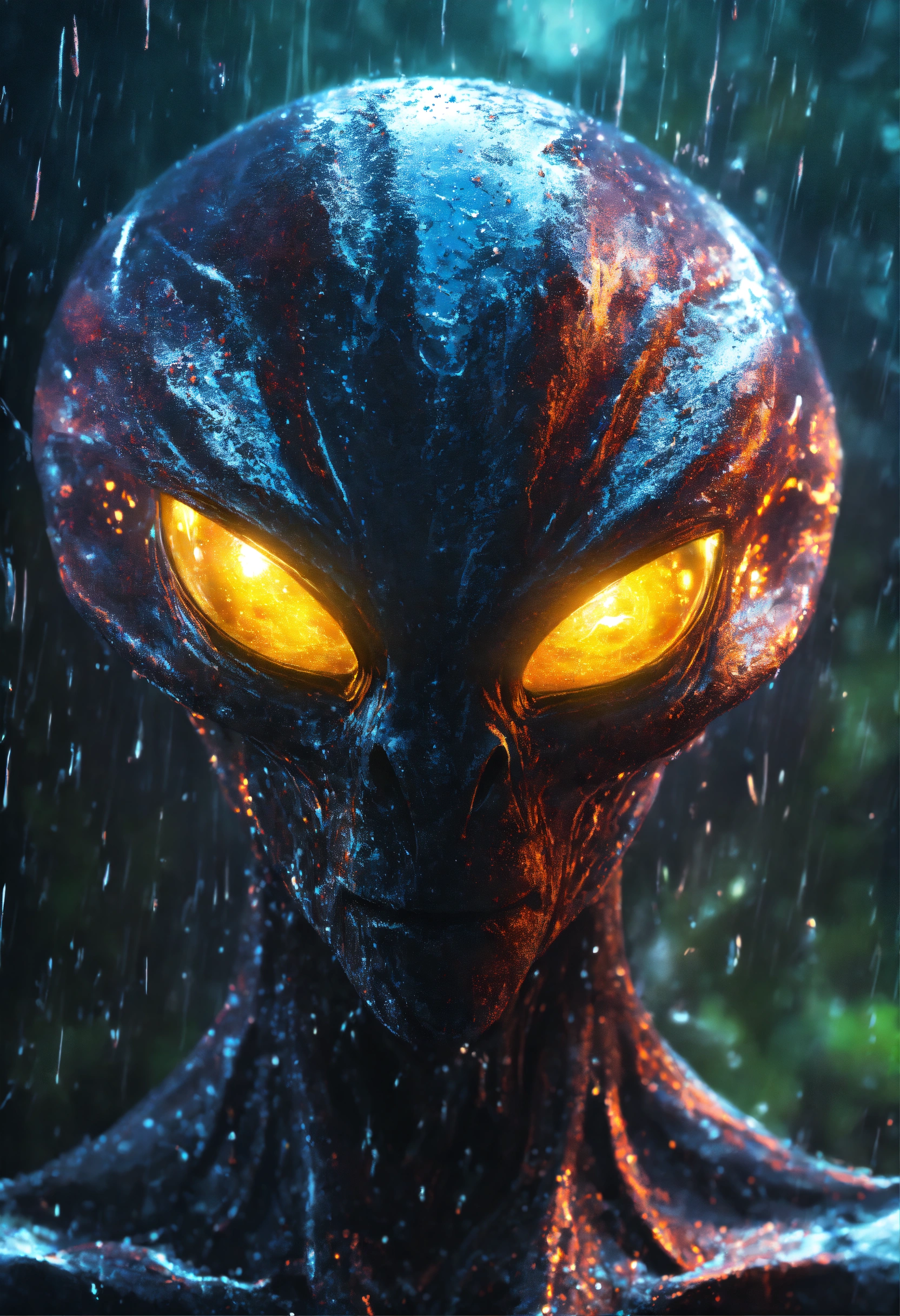 Lexica - An menacing alien with glowing eyes, in the pouring rain, in ...