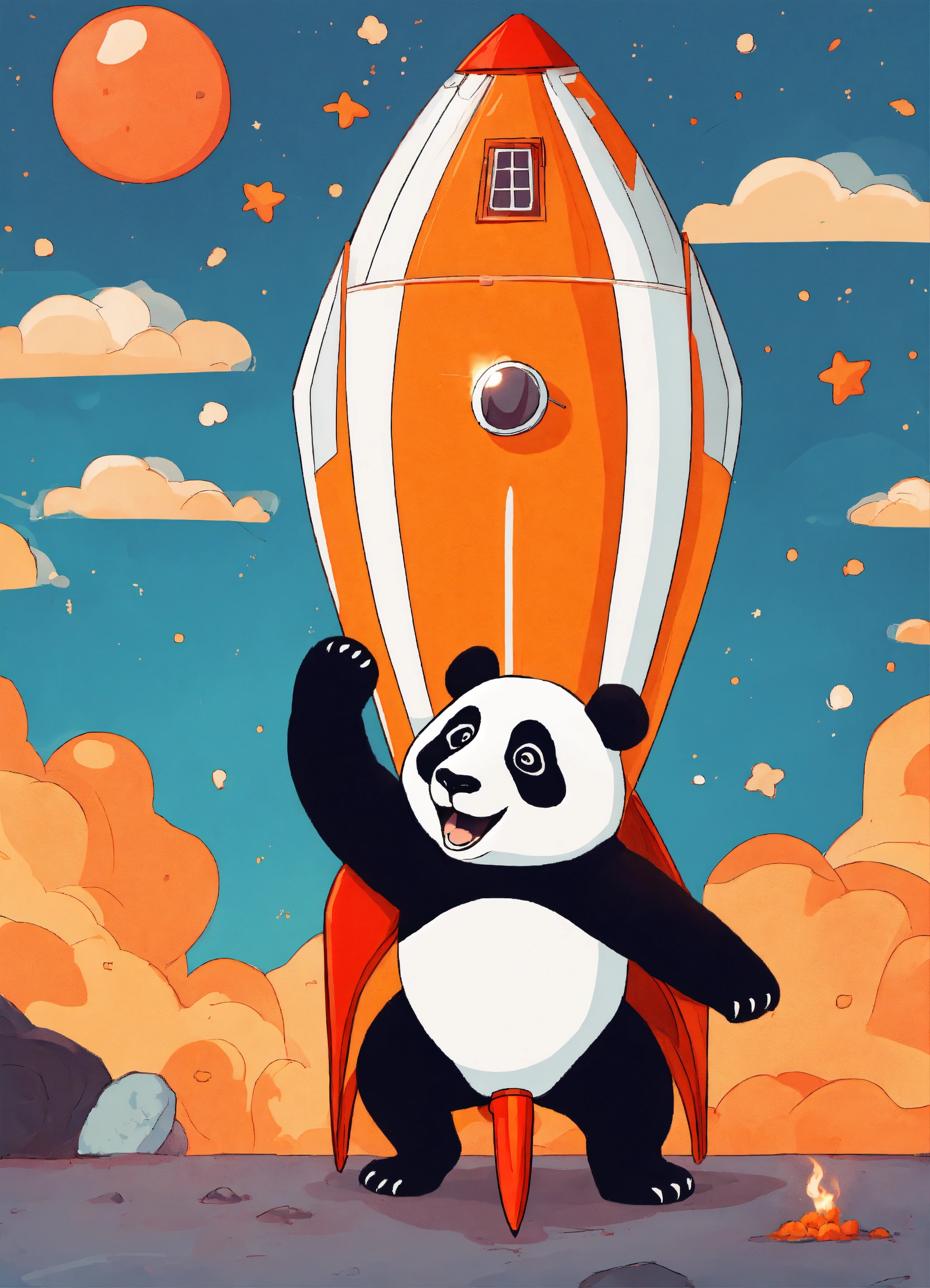 Lexica - Panda launches a rocket, cartoon style, orange background