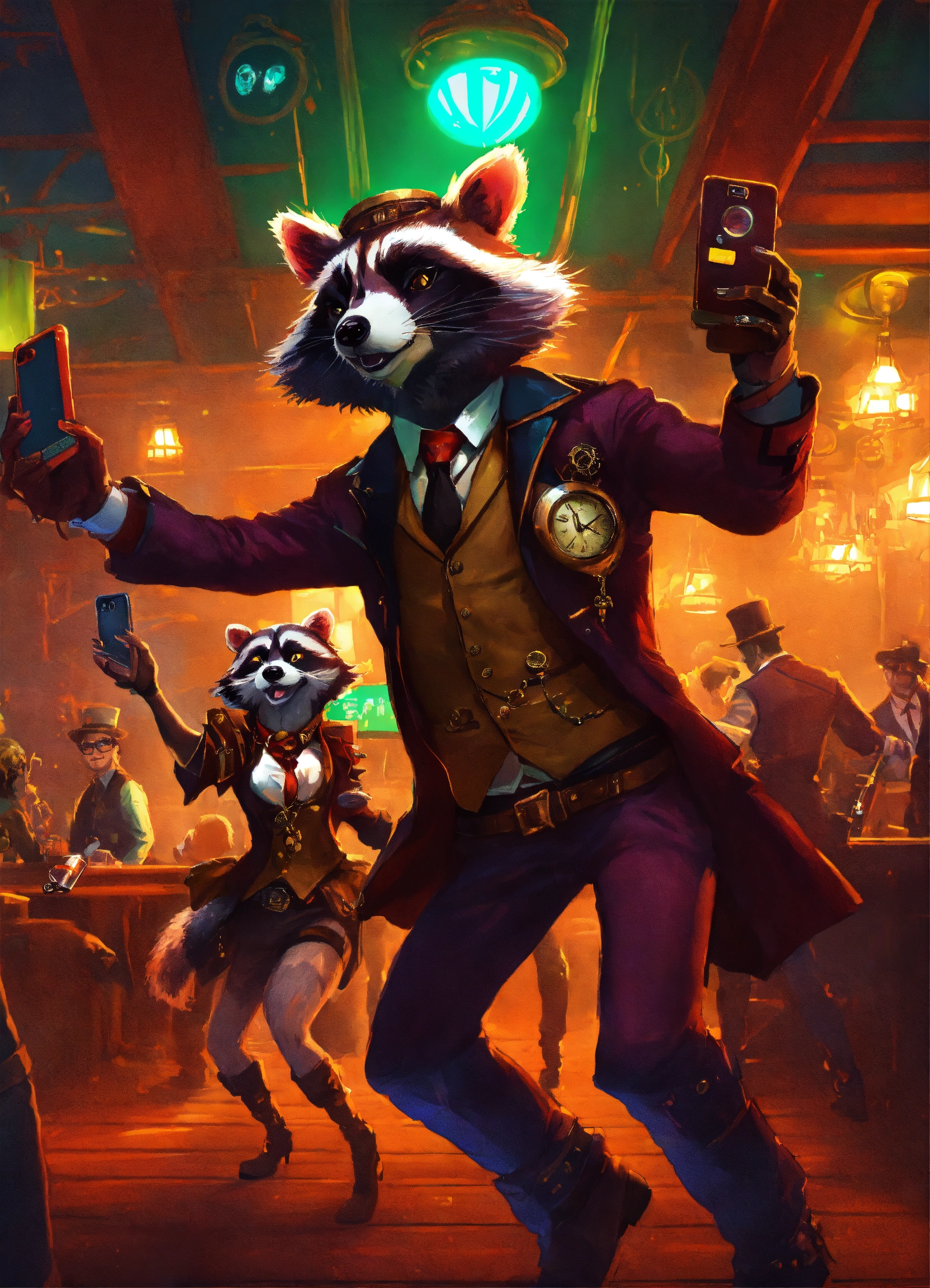 Lexica - A selfie of a steampunk racoon and a zombie in a club, dancing