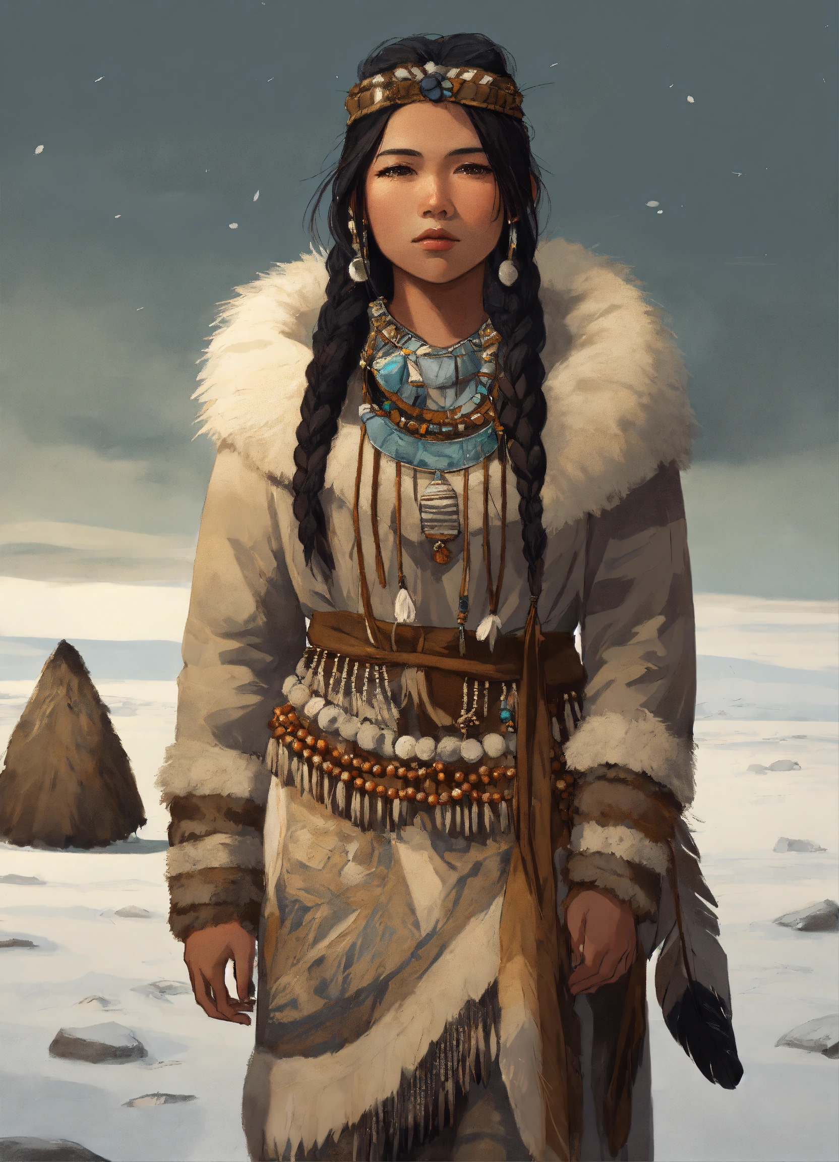 Lexica - Full body Illustration of an inuit woman, young, 18 years old,  beautiful, wearing stone age clothing adorned with feathers, beads and  shells...