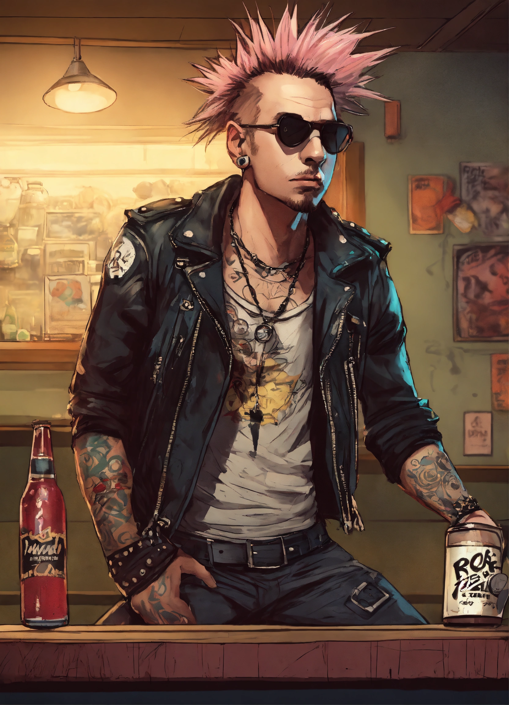 Lexica - Rebellious male punk rocker, standin in bar, a funny ...