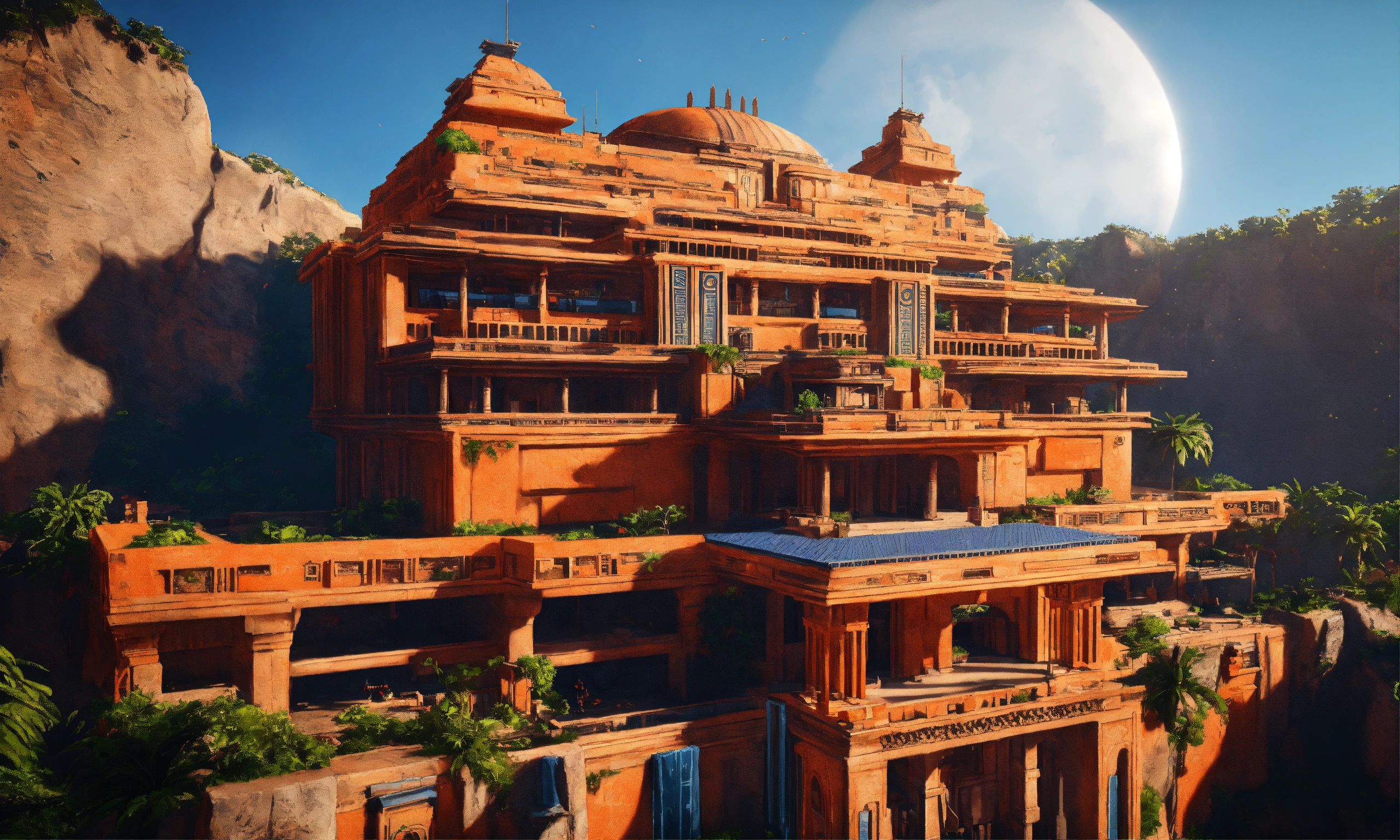 Lexica - Full image of a massive orange Aztec sci fi palace with a navy ...