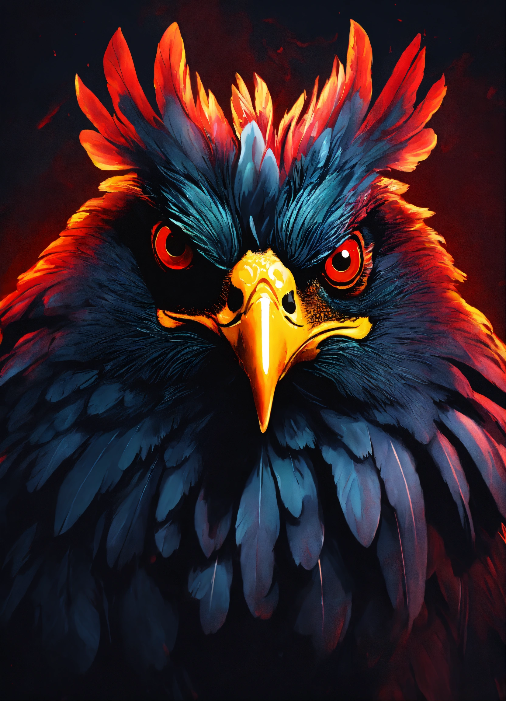 Lexica - A demonic chicken with red glowing eyes in an oil paint style