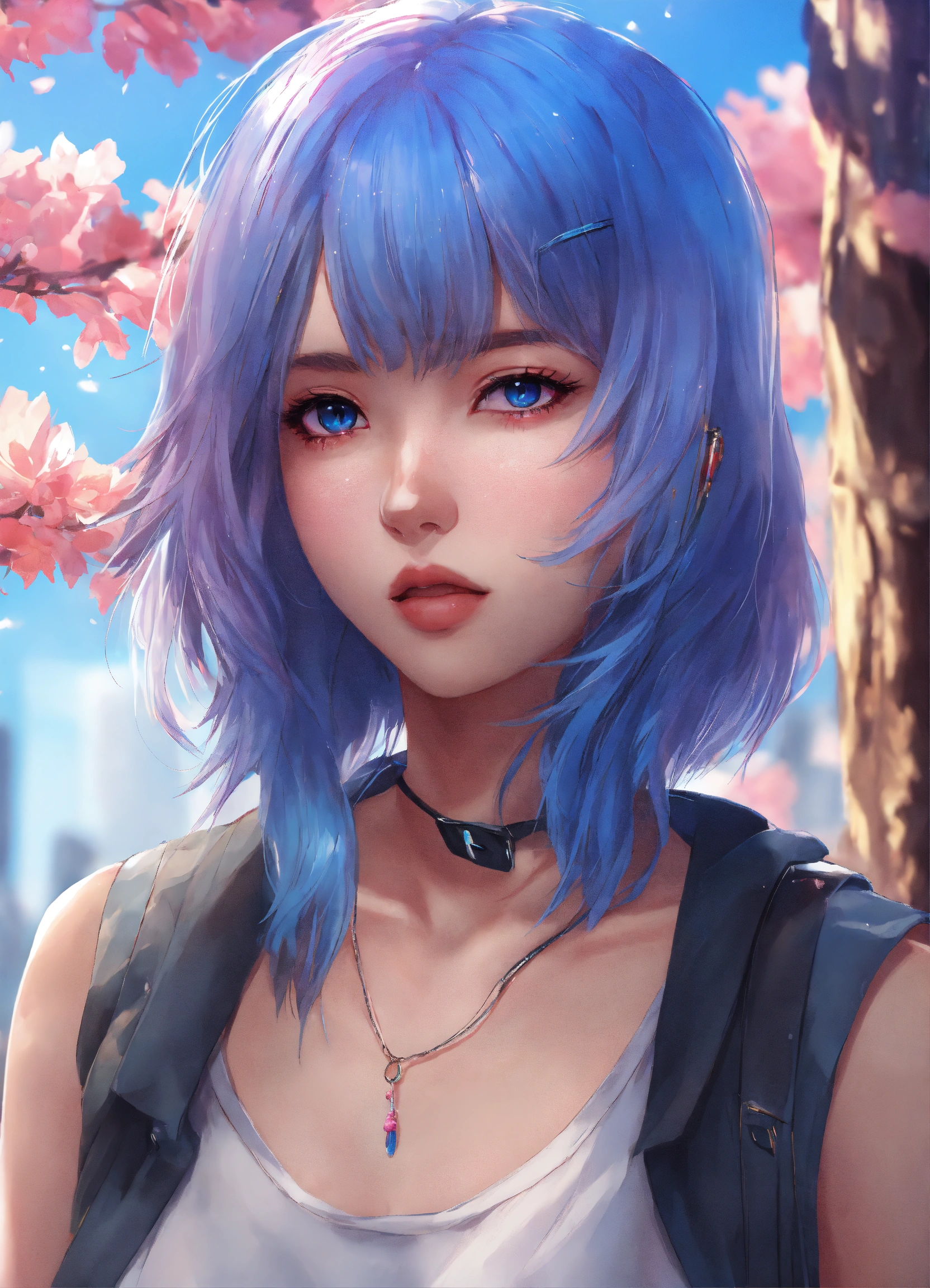 Lexica - 1 woman blue hair, pink eyes, style anime, detailed ...