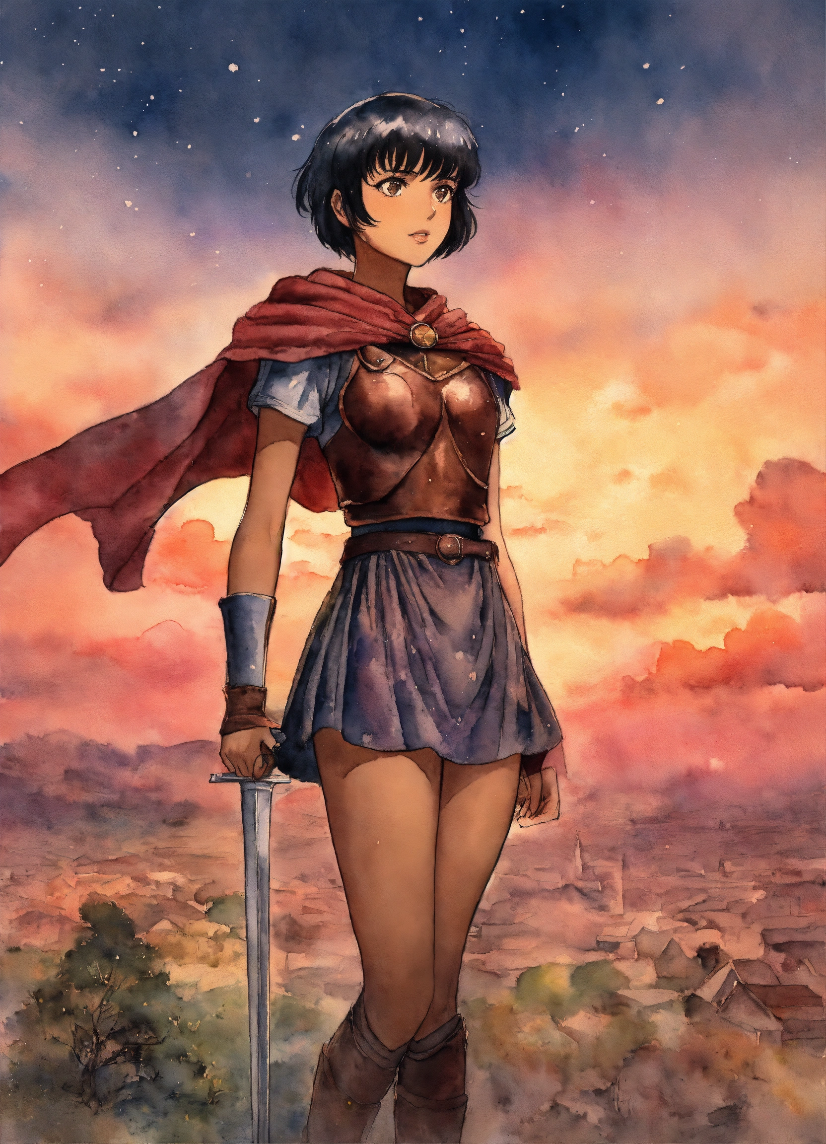 Lexica - Full body Watercolor art of Casca from Berserk, brown skin, short  hair, 8k, pointillism, by kentaro miura