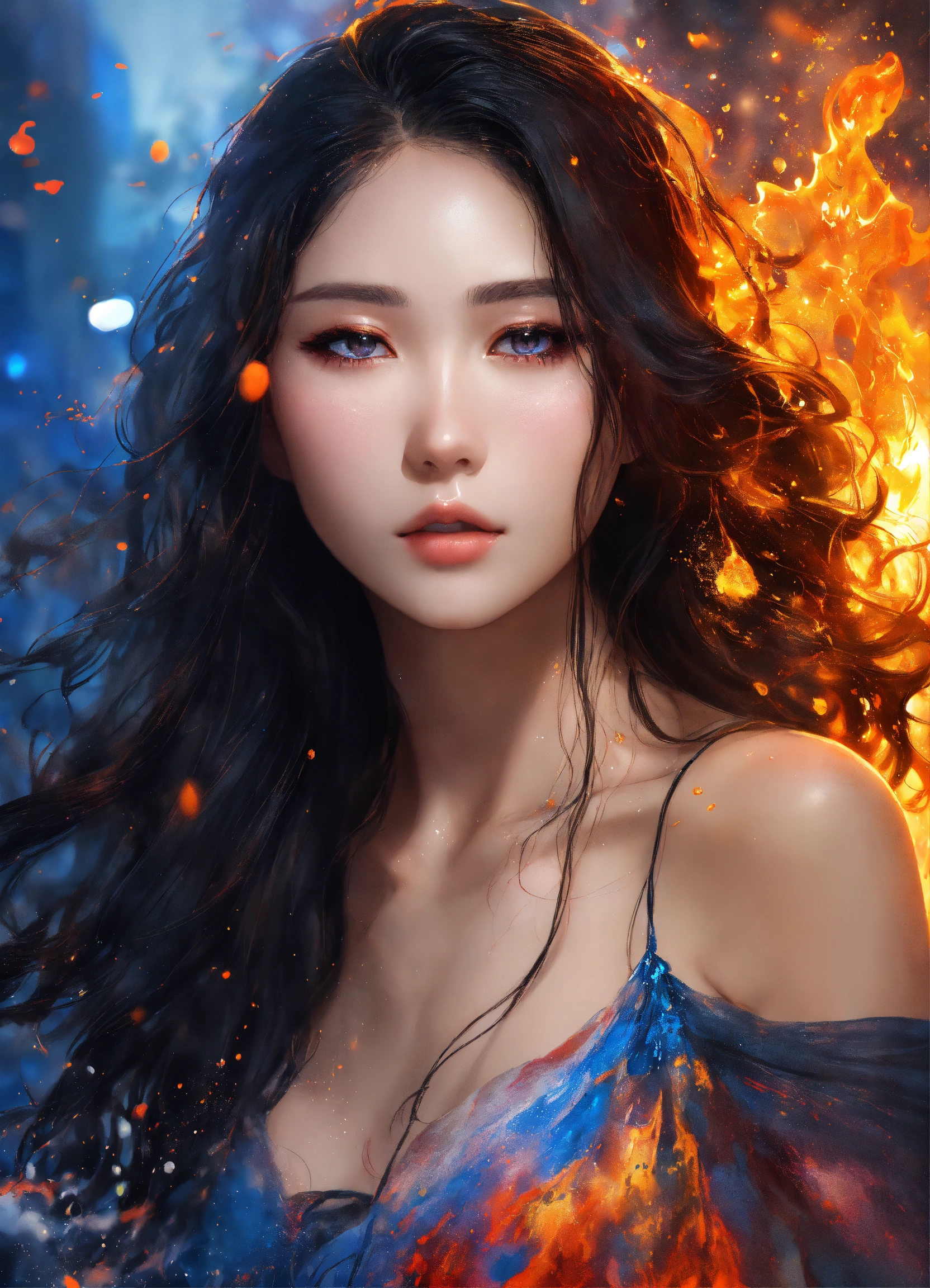 Lexica - A beautiful girl with korean features, long, wavy dark hair ...