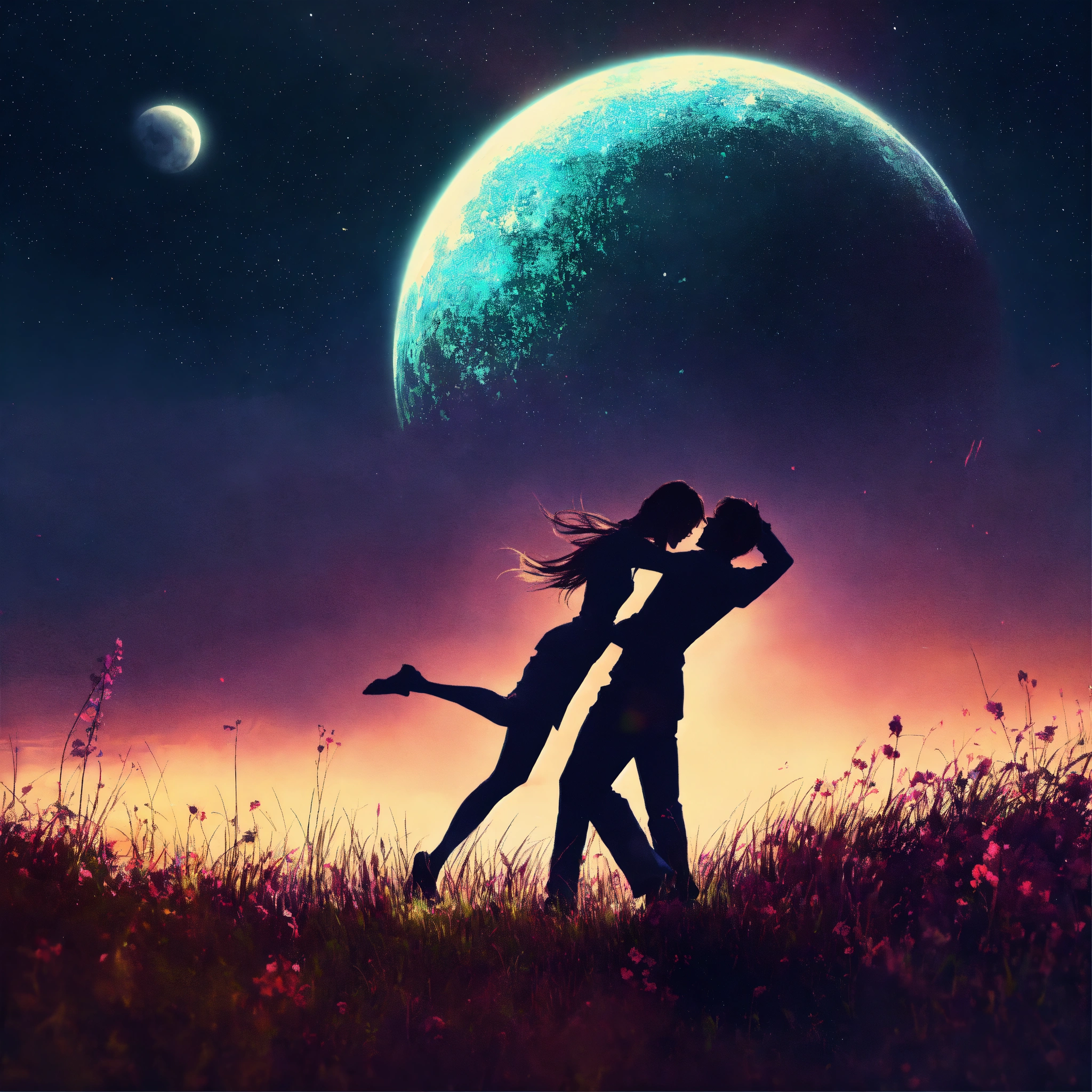 Lexica - Girl and boy lovers dancing moonlight grassy field music joy ...