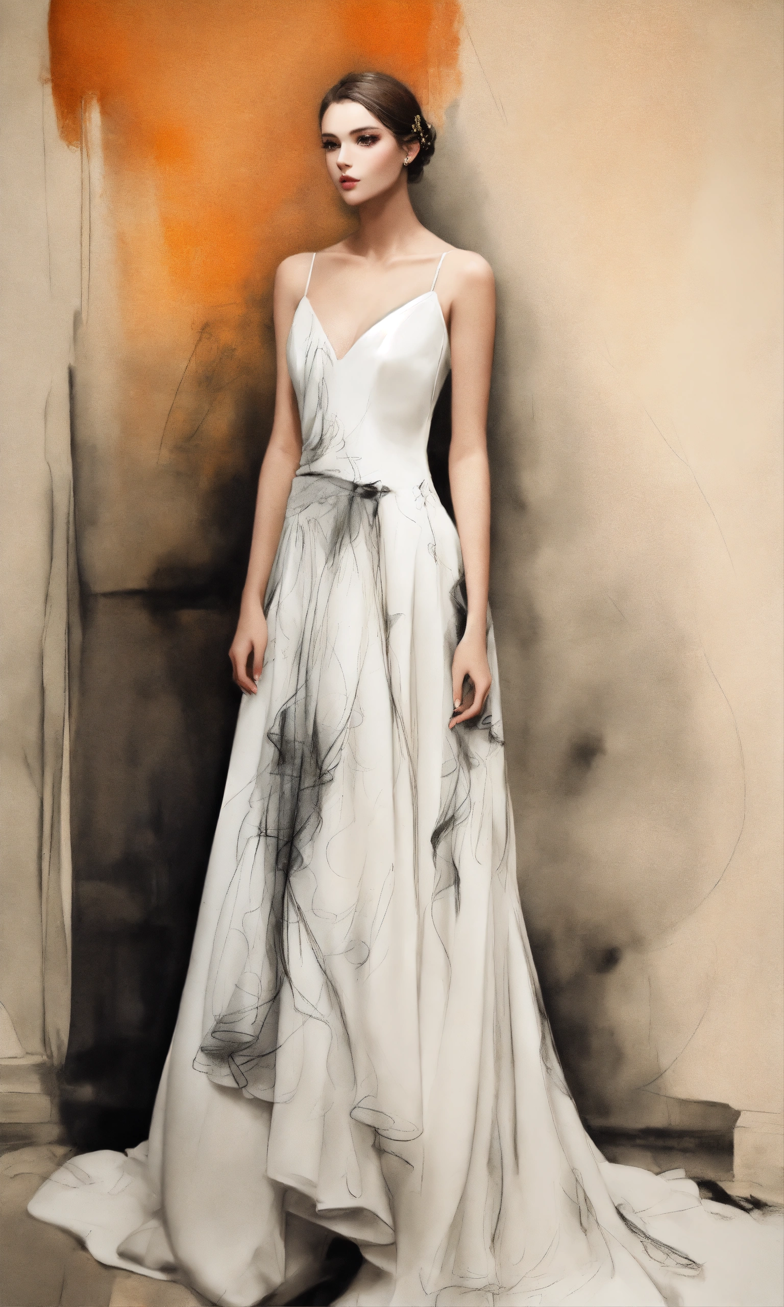 Lexica - Model, modern abstract, charcoal drawings, wearing bridal gown.
