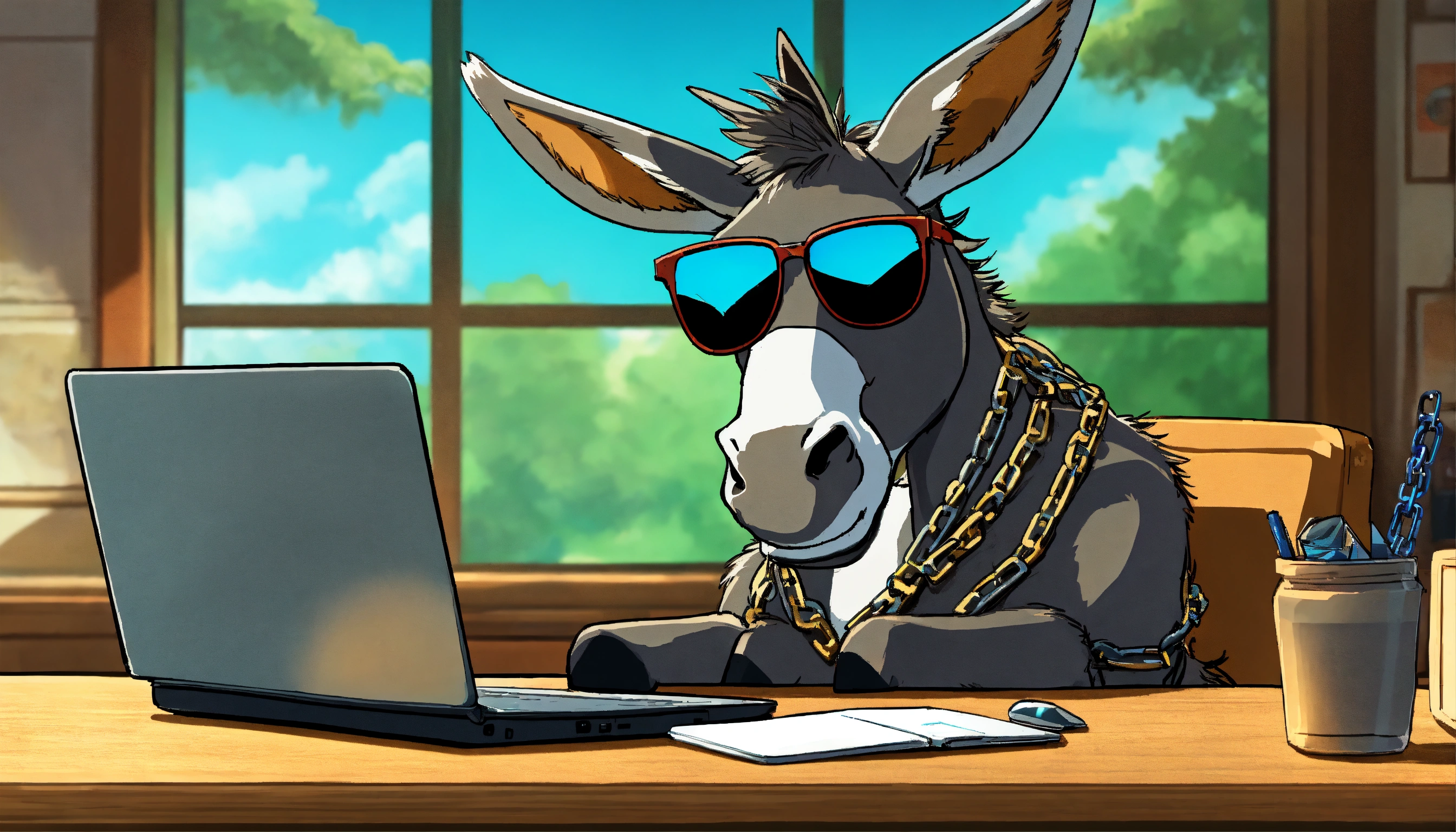 Lexica - A donkey with sunglasses black and chains in the neck, sitting ...