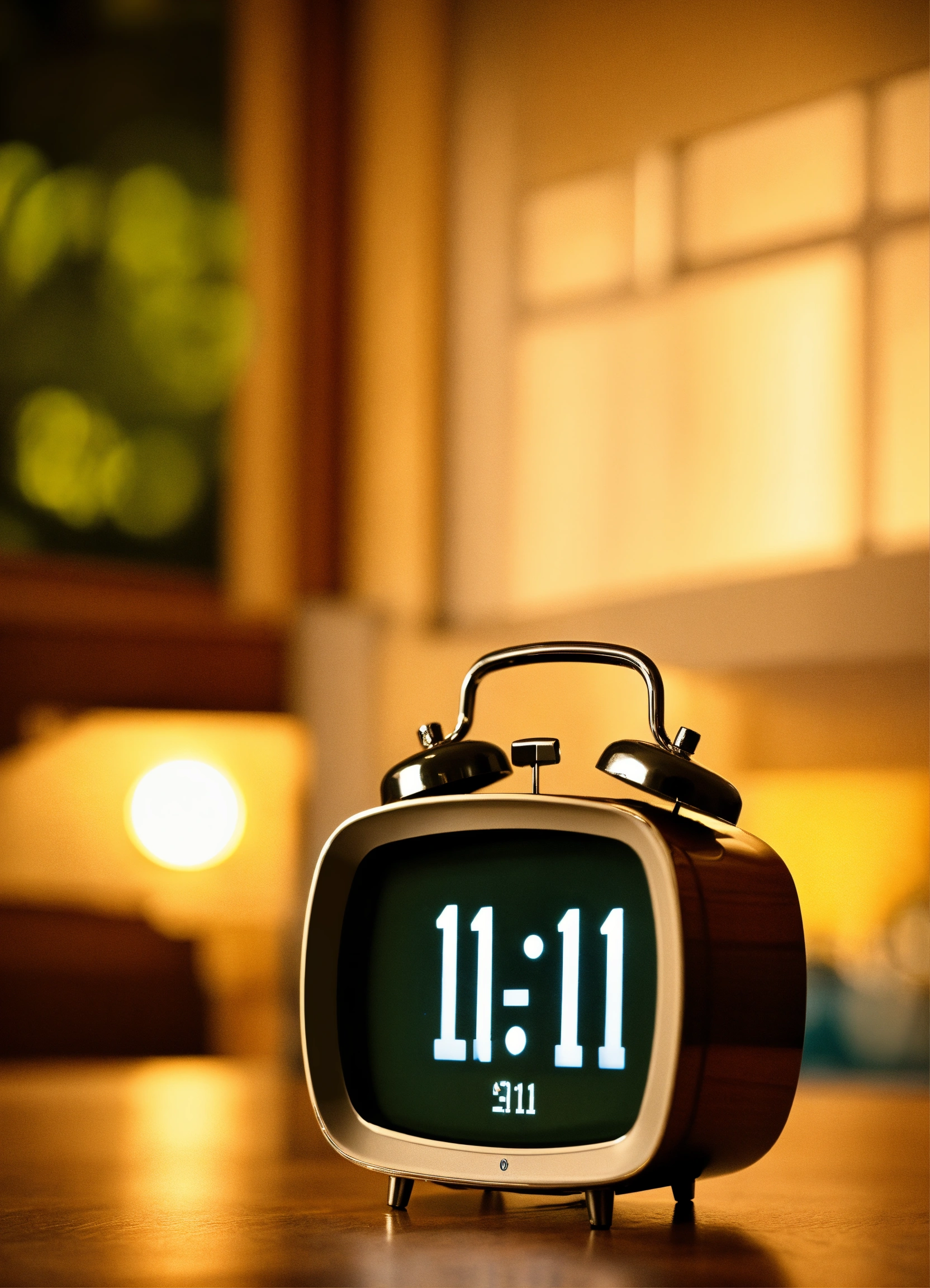 Lexica An alarm clock with number 1111 on the screen on a table and a
