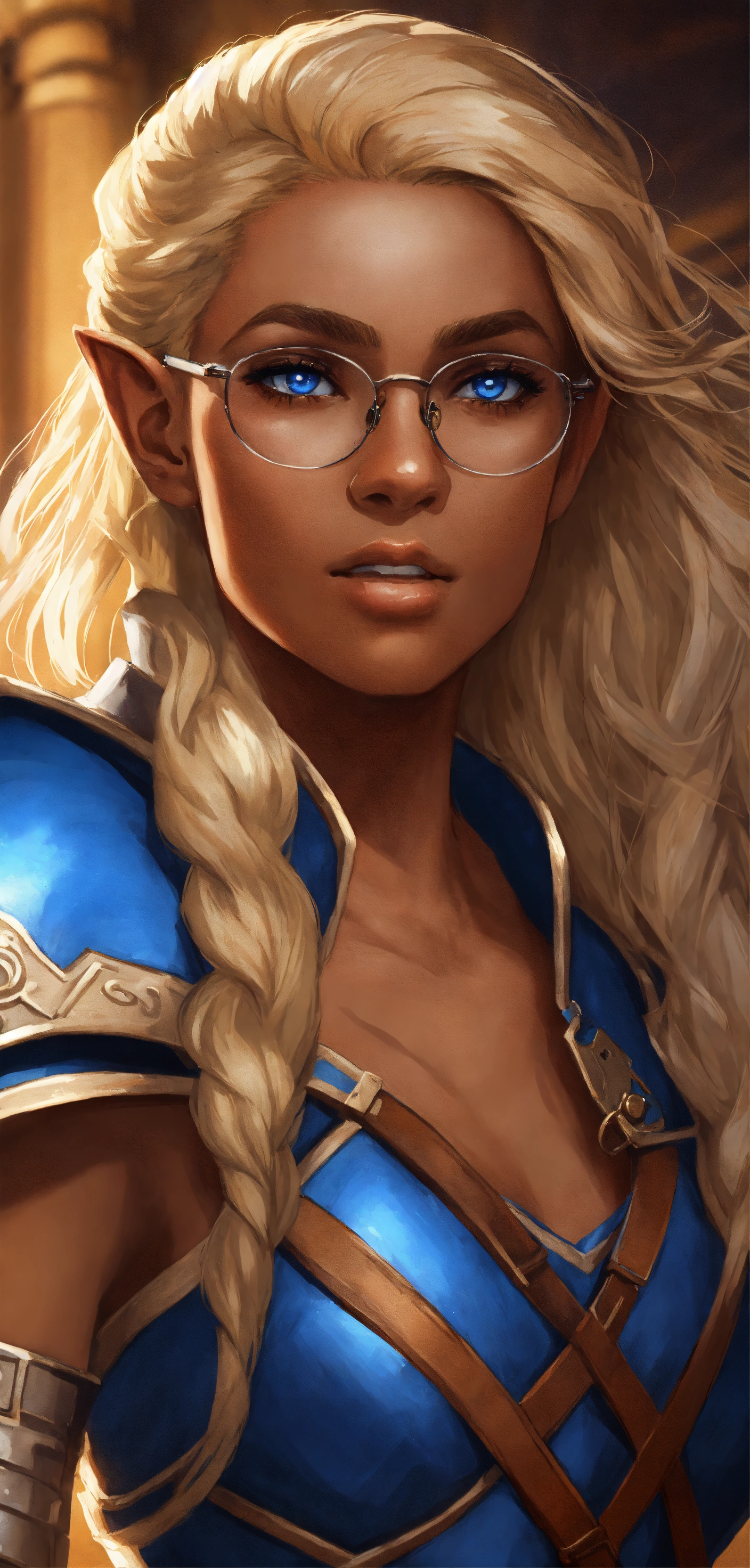 Lexica - A very brown skinned half elf woman, wearing glasses with deep ...