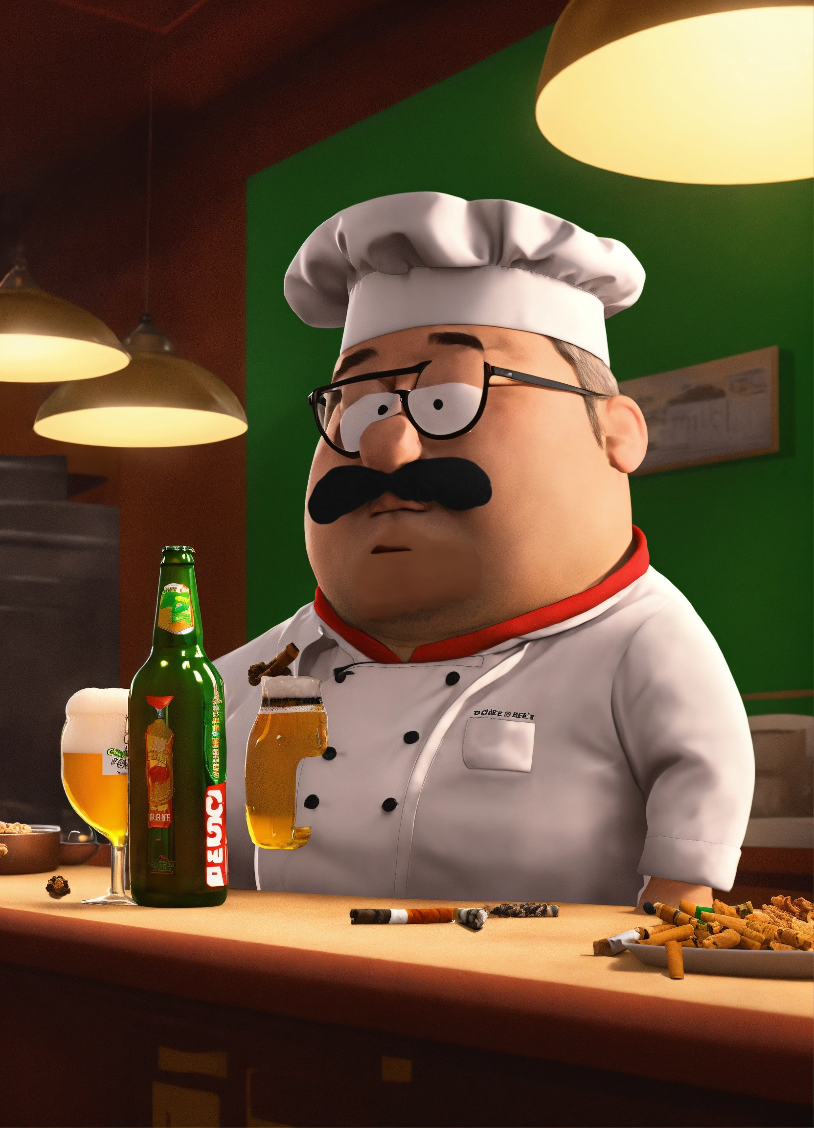 Lexica - The chef in south park smoking a cigarets and drinking beer in 3D