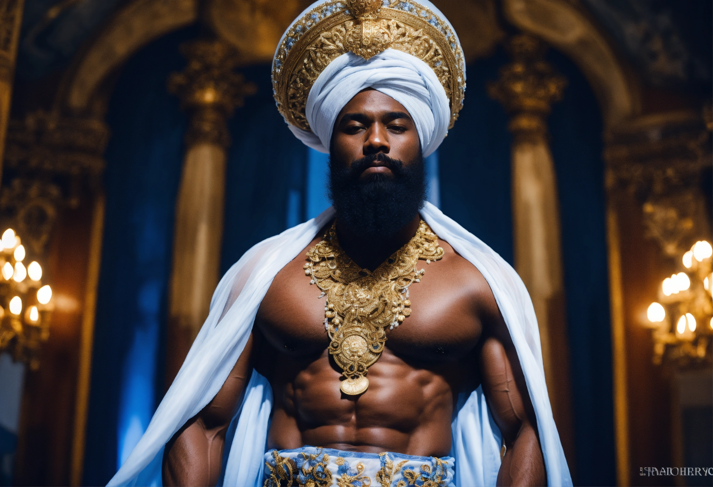 Lexica - A black god king in white turban, in beautiful sheer blue and ...