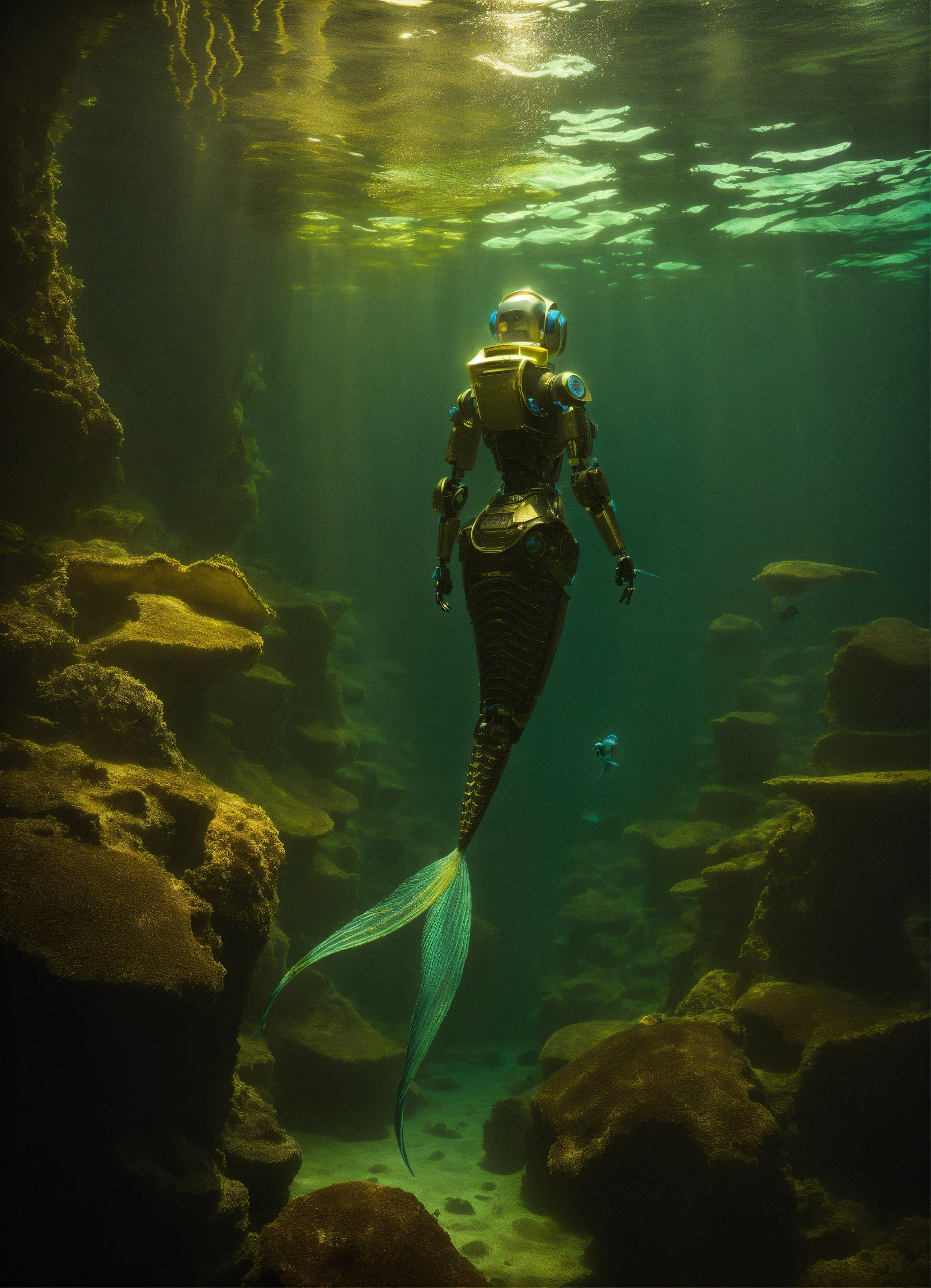 Lexica - A robot mermaid in the bottom of the sea, dark light , whit a ...
