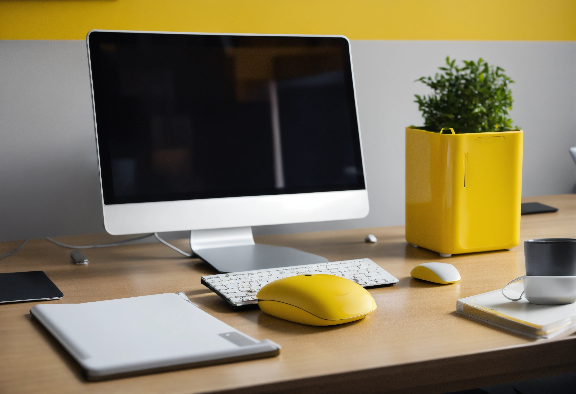 Lexica - Yellow computer on a table in the office. Next to the computer ...