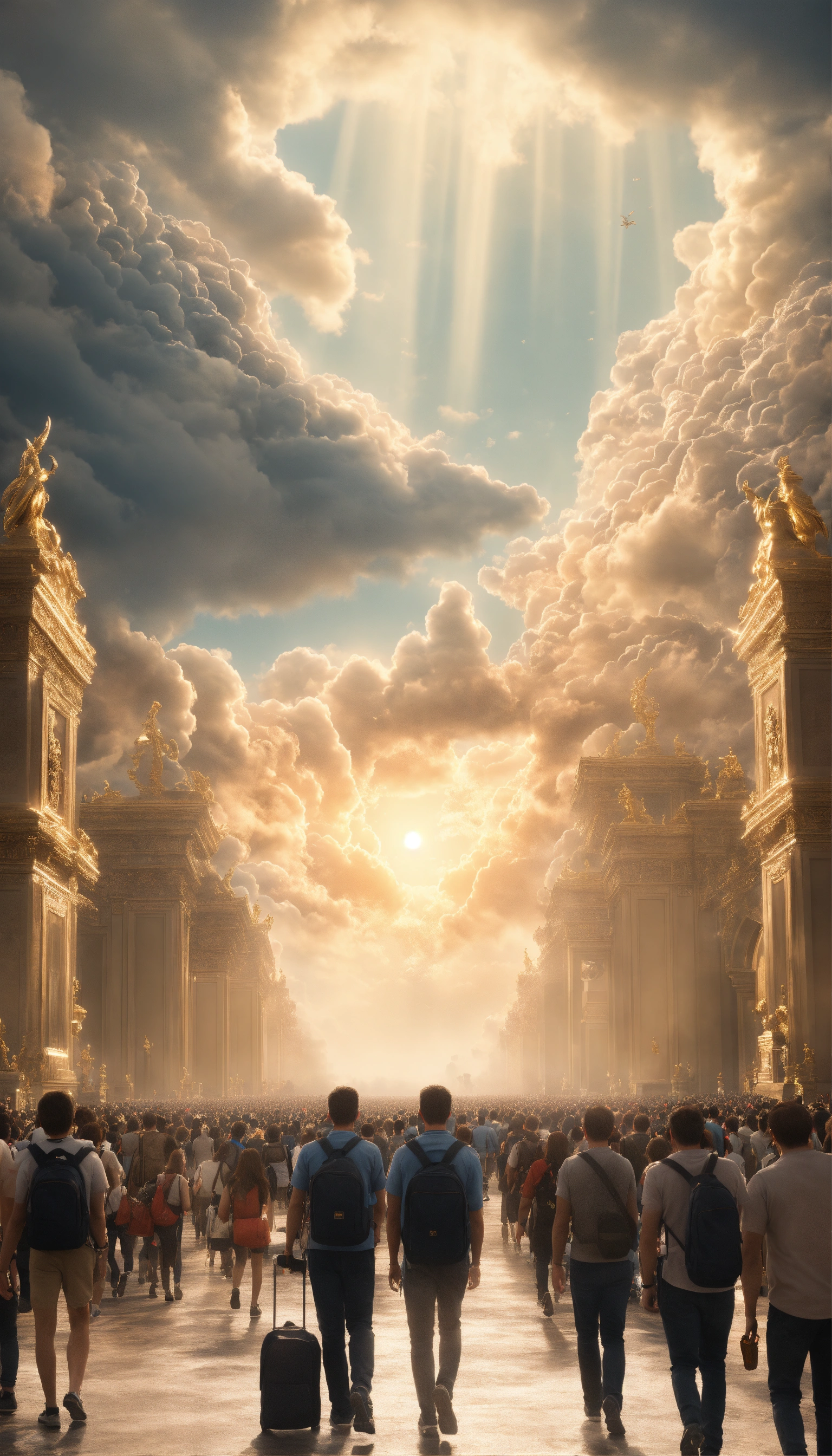 Lexica - Masses of people walking through clouds towards the gates of ...