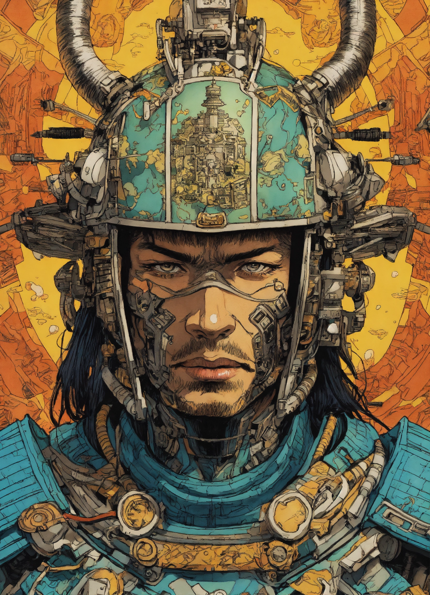 Lexica - Detailed pen and ink illustration of a samurai cyborg, head ...
