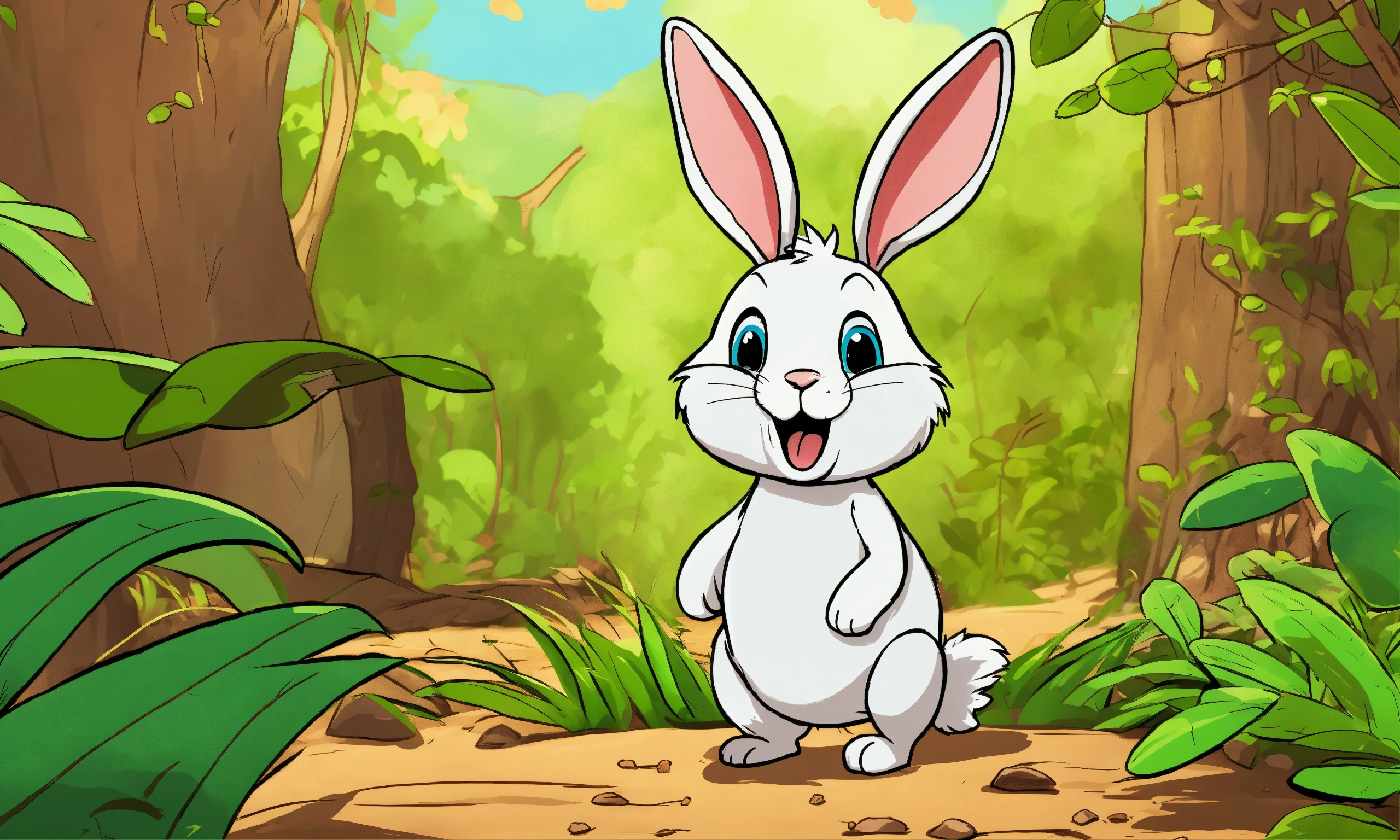 Lexica - Cute cartoon comic rabbit talking and wandering in jungle