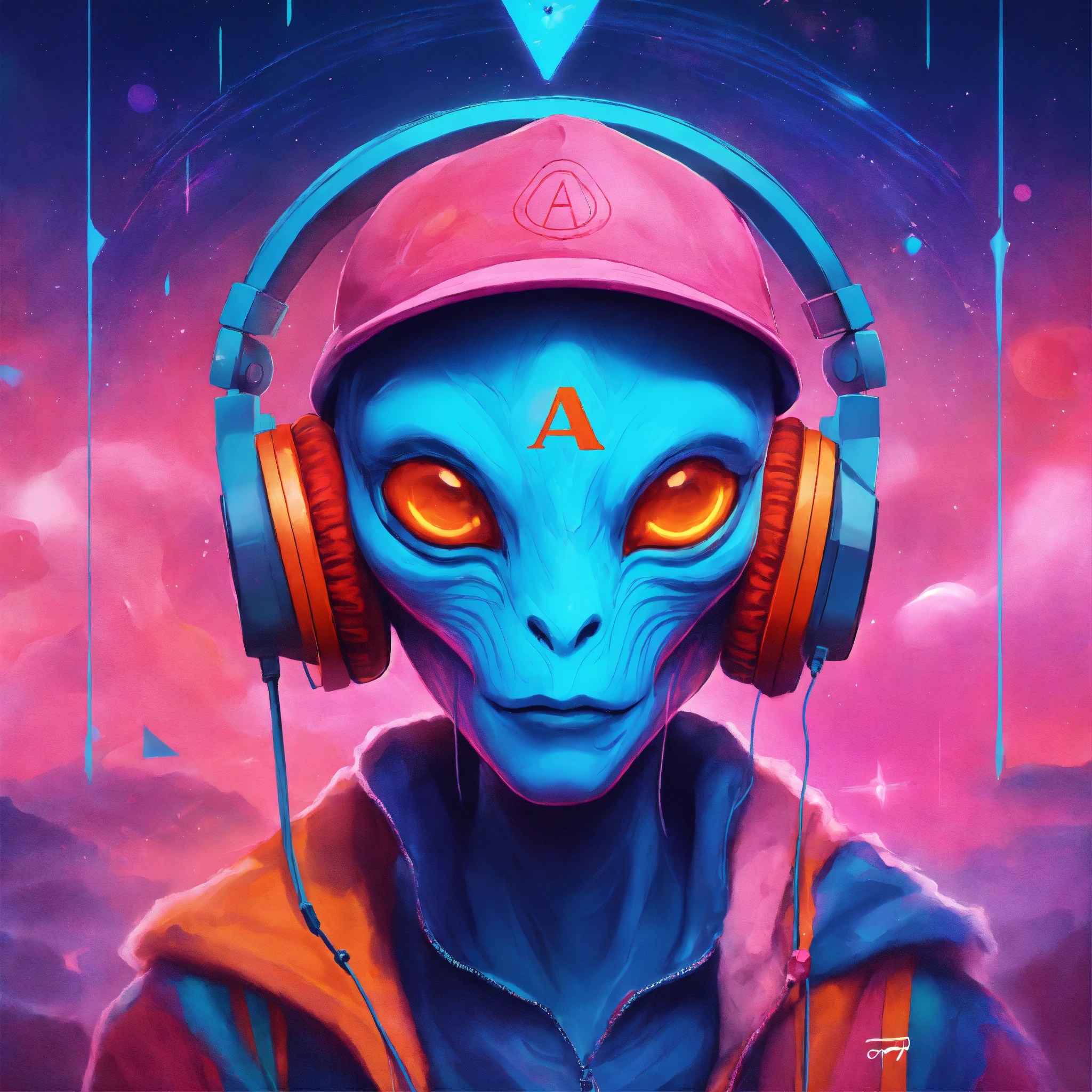 Lexica - Blue alien, wearing orange headphone, wearing pink hat with ...
