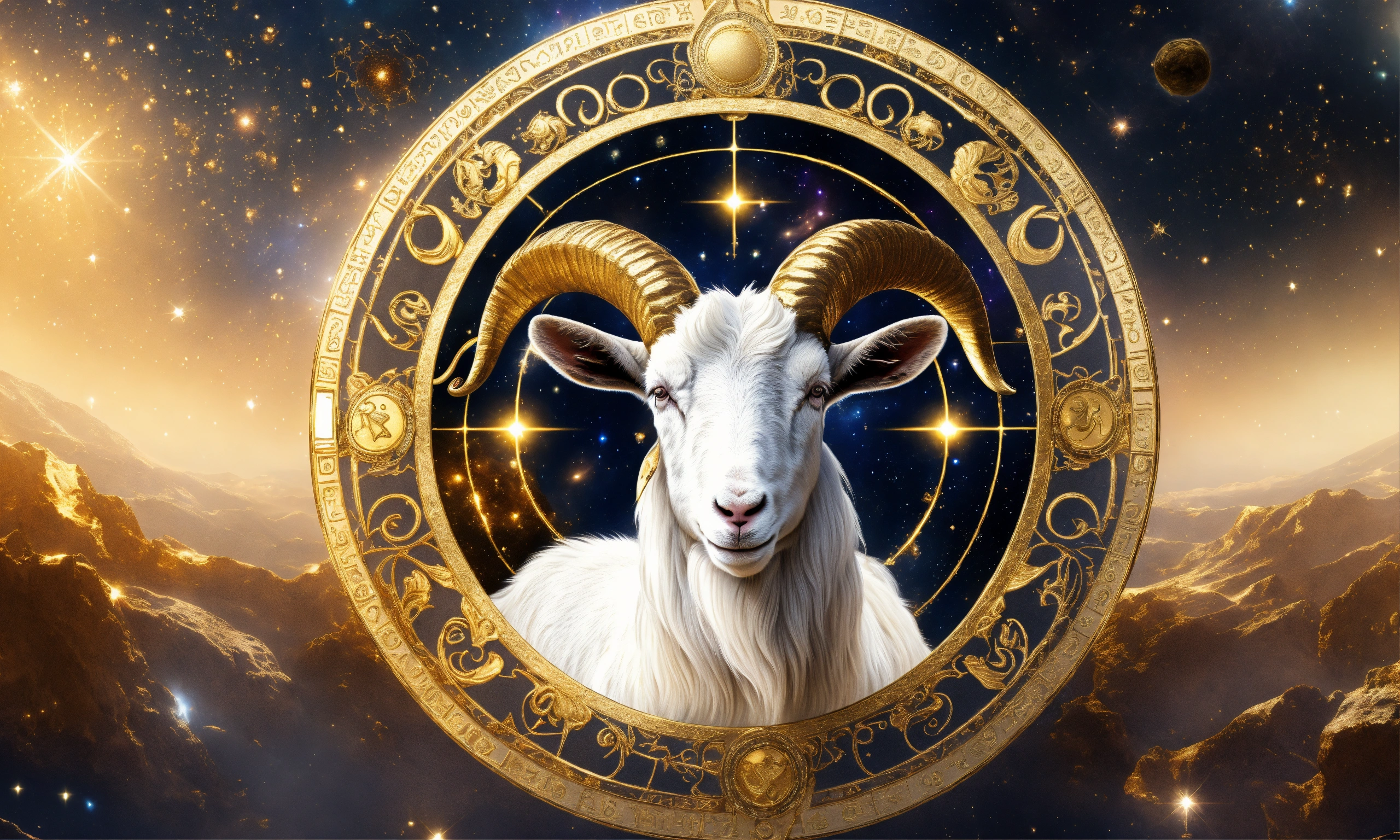 Lexica - White and gold goat, zodiac sign, white, gold, universe ...