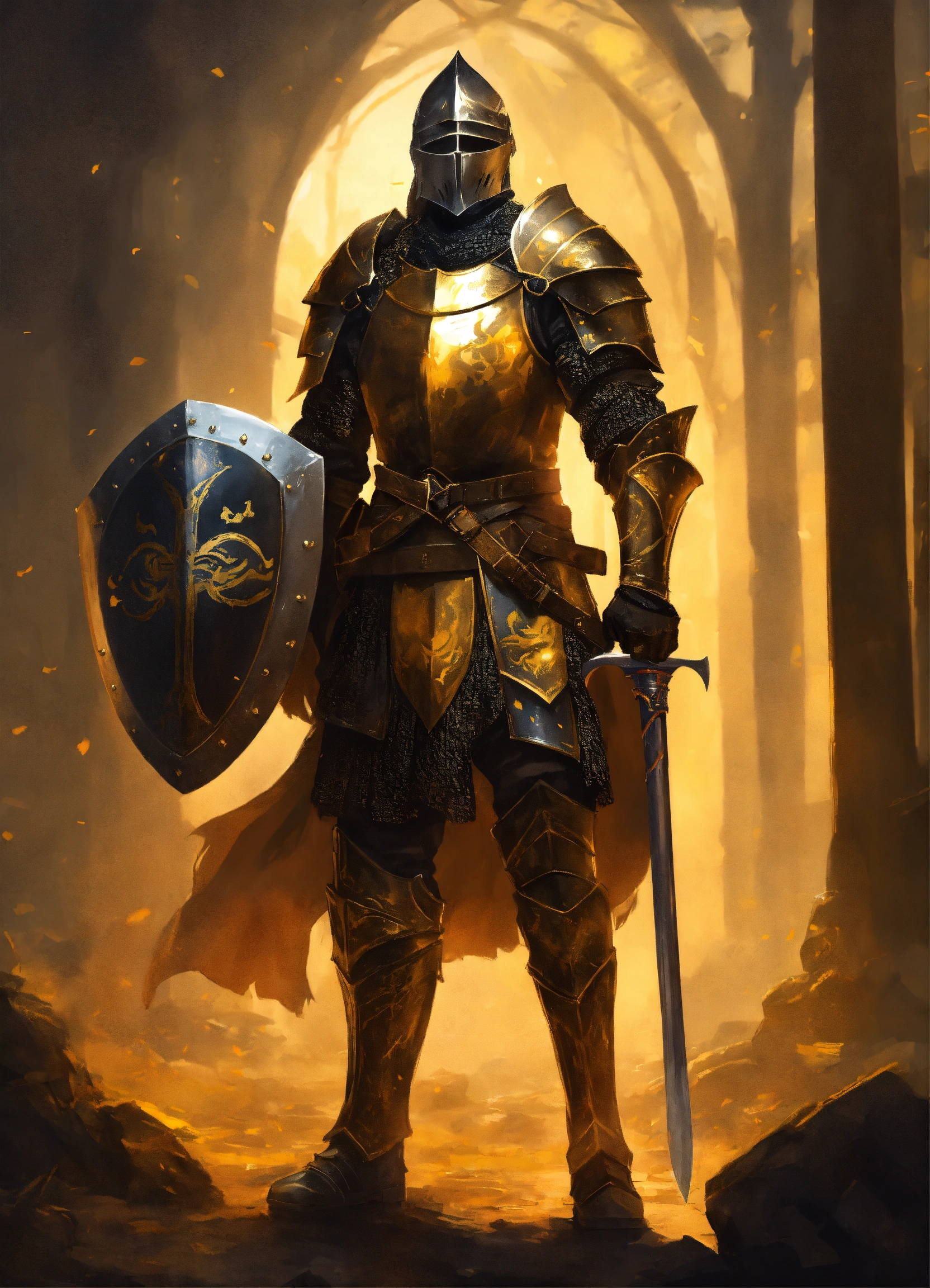Lexica - A slender medieval knight wearing black and gold armor ...