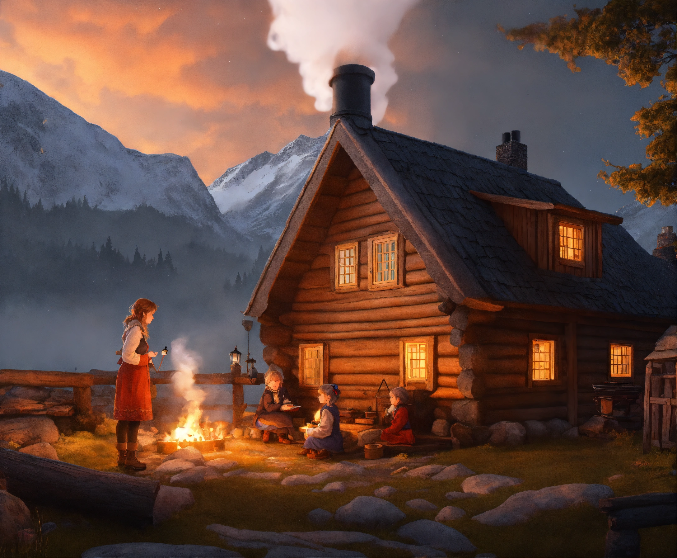 Lexica - Animated image of a warm wooden cottage with smoke rising from ...