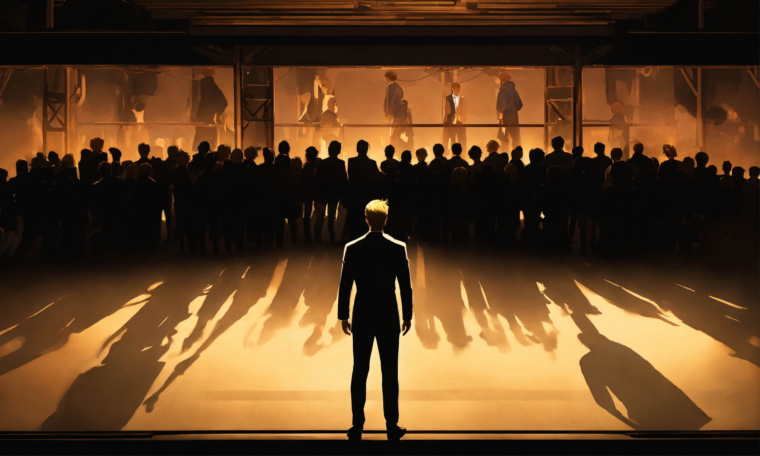 Lexica - Outline of a blond male leader standing in front of a shadowy ...
