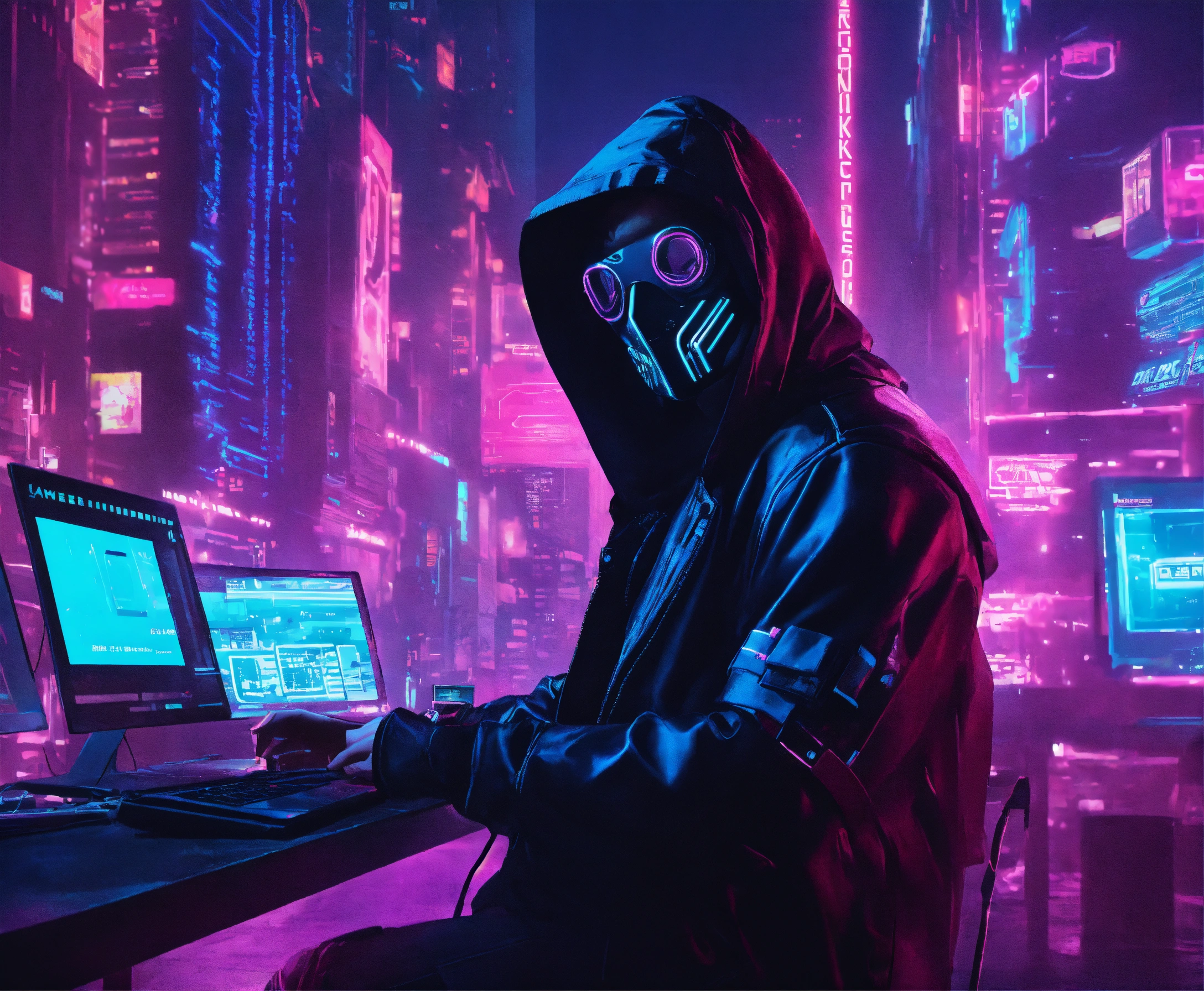 Lexica - Neon, cyberpunk, sci-fi drama, a hacker with a mask, in a ...