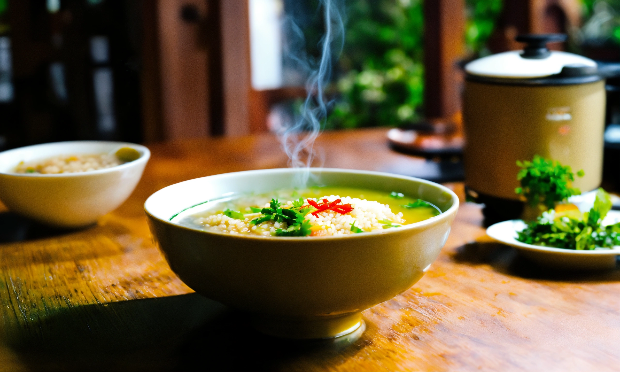Lexica A bowl of congee with a cup of green tea smoking with a rice