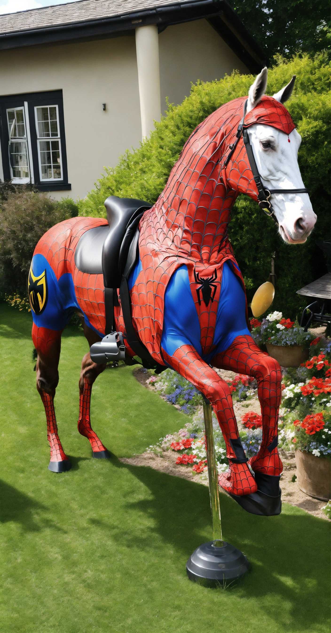 Lexica - Realistic, spiderman themed horse, in the garden, amazing ...