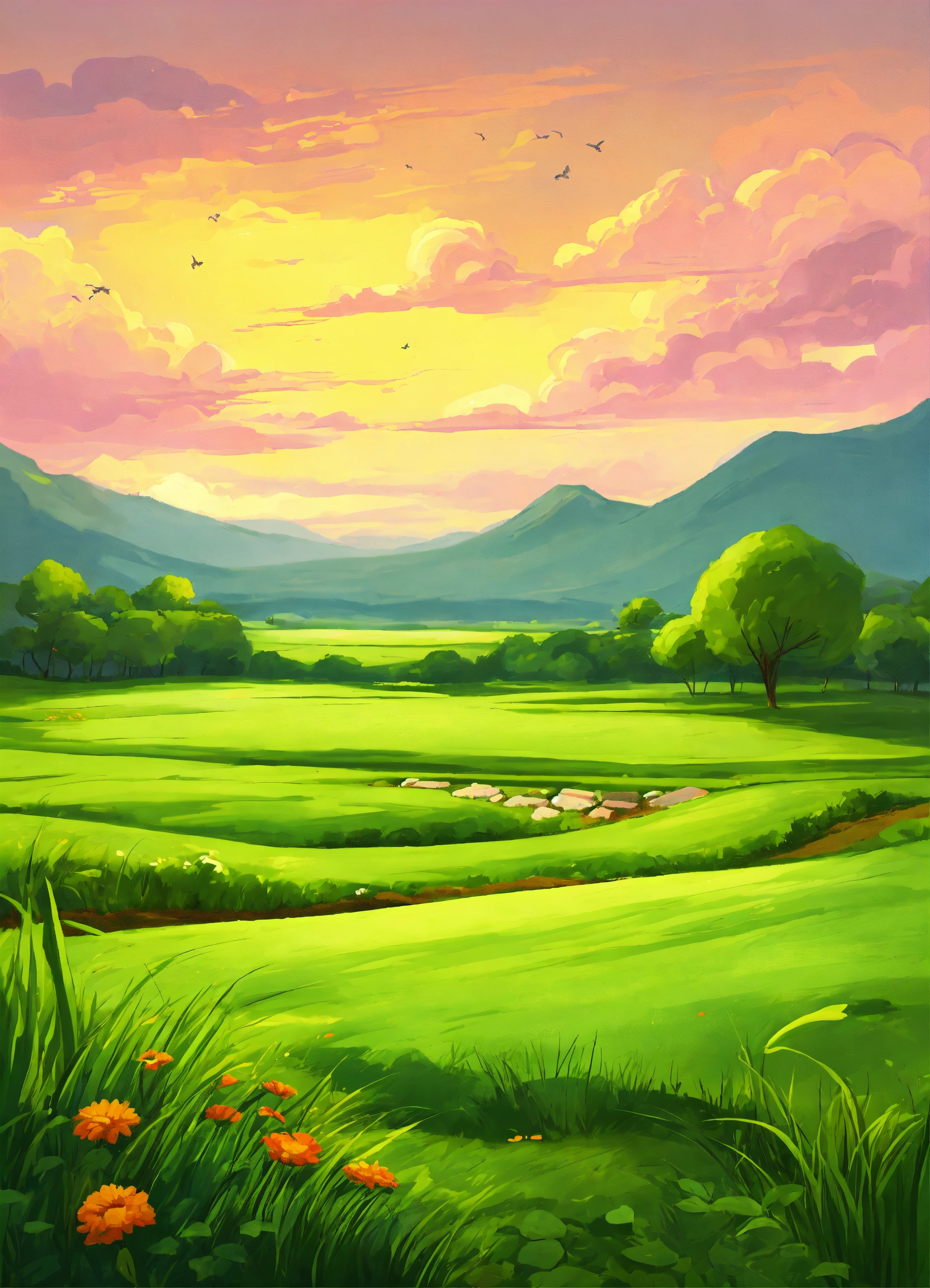 Lexica - The grass field is green landscape cartoon style painting