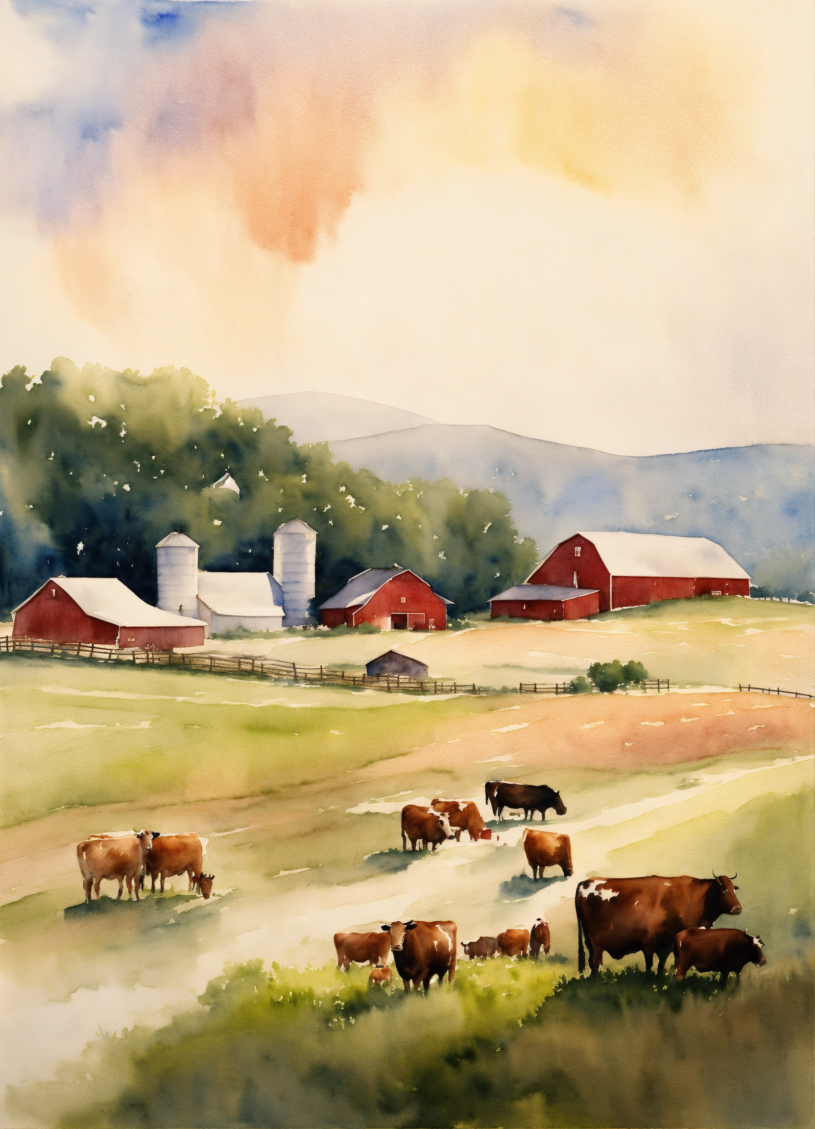 Lexica - Watercolor painting of a large farm, with a barn and cows