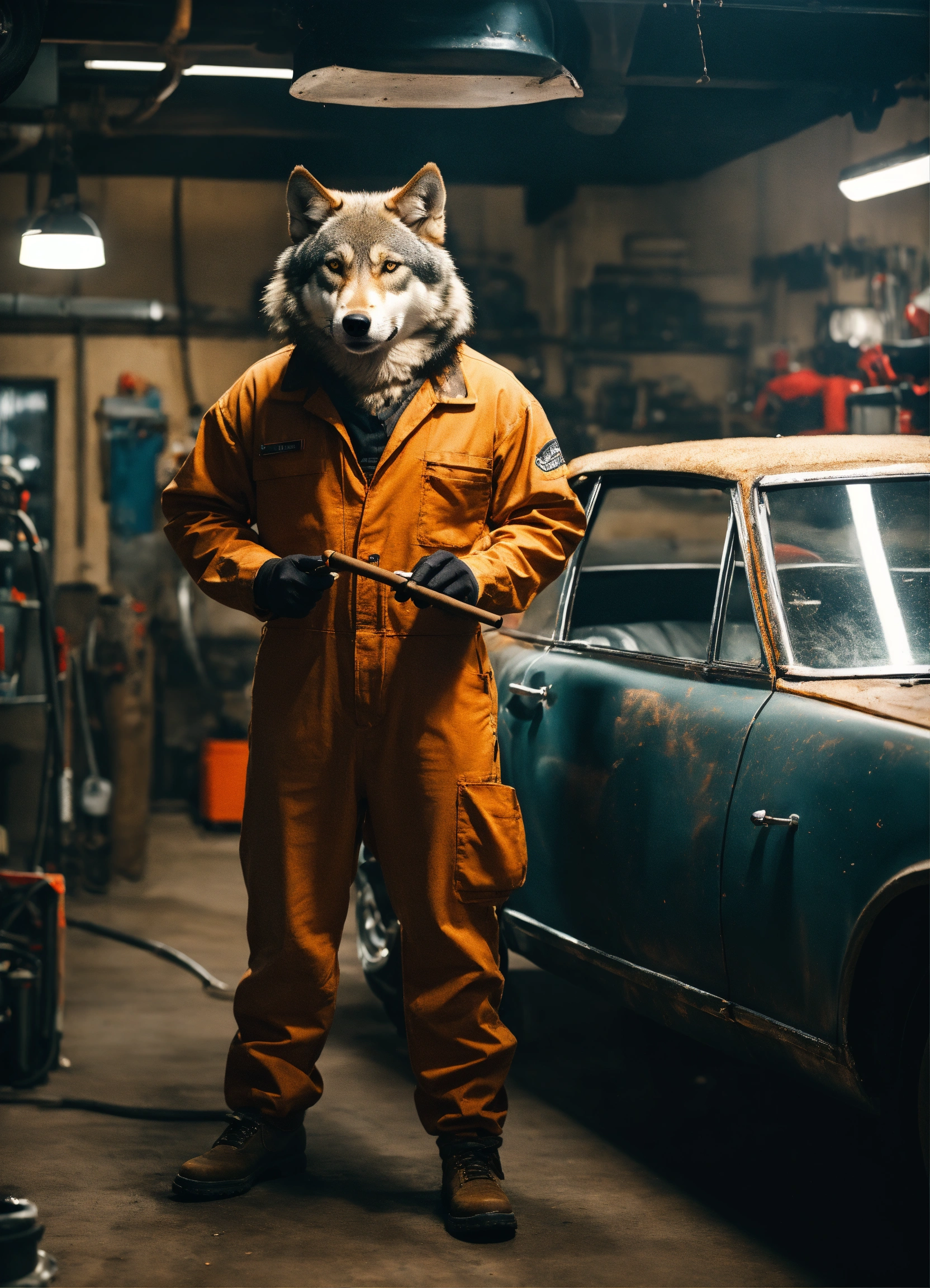 Lexica - Wolf in a mechanic jumpsuit working on a car in a garage ...